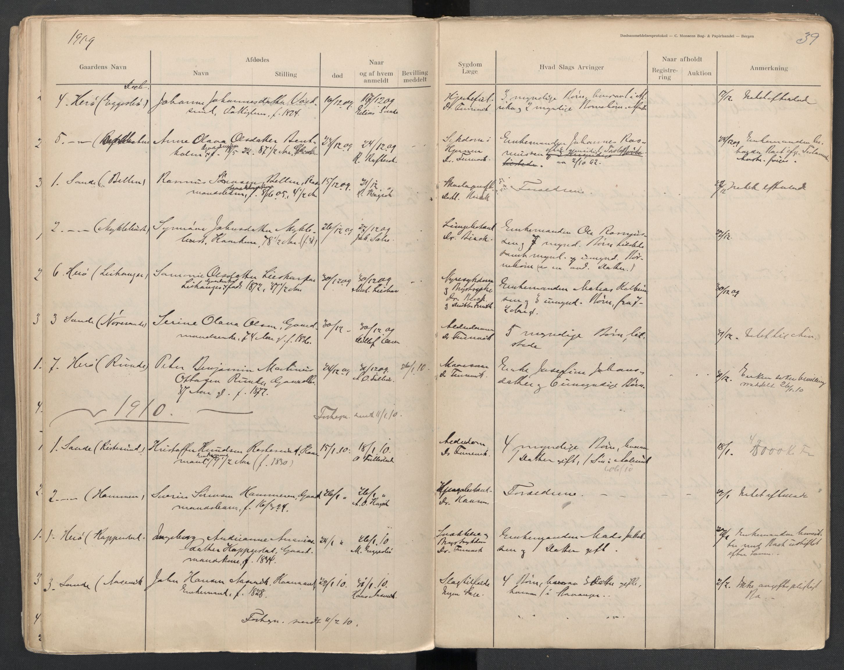 Herøy og Sande lensmannskontor, AV/SAT-A-5655/2/2/L0044: Dødsfallprotokoll, 1904-1914, s. 39