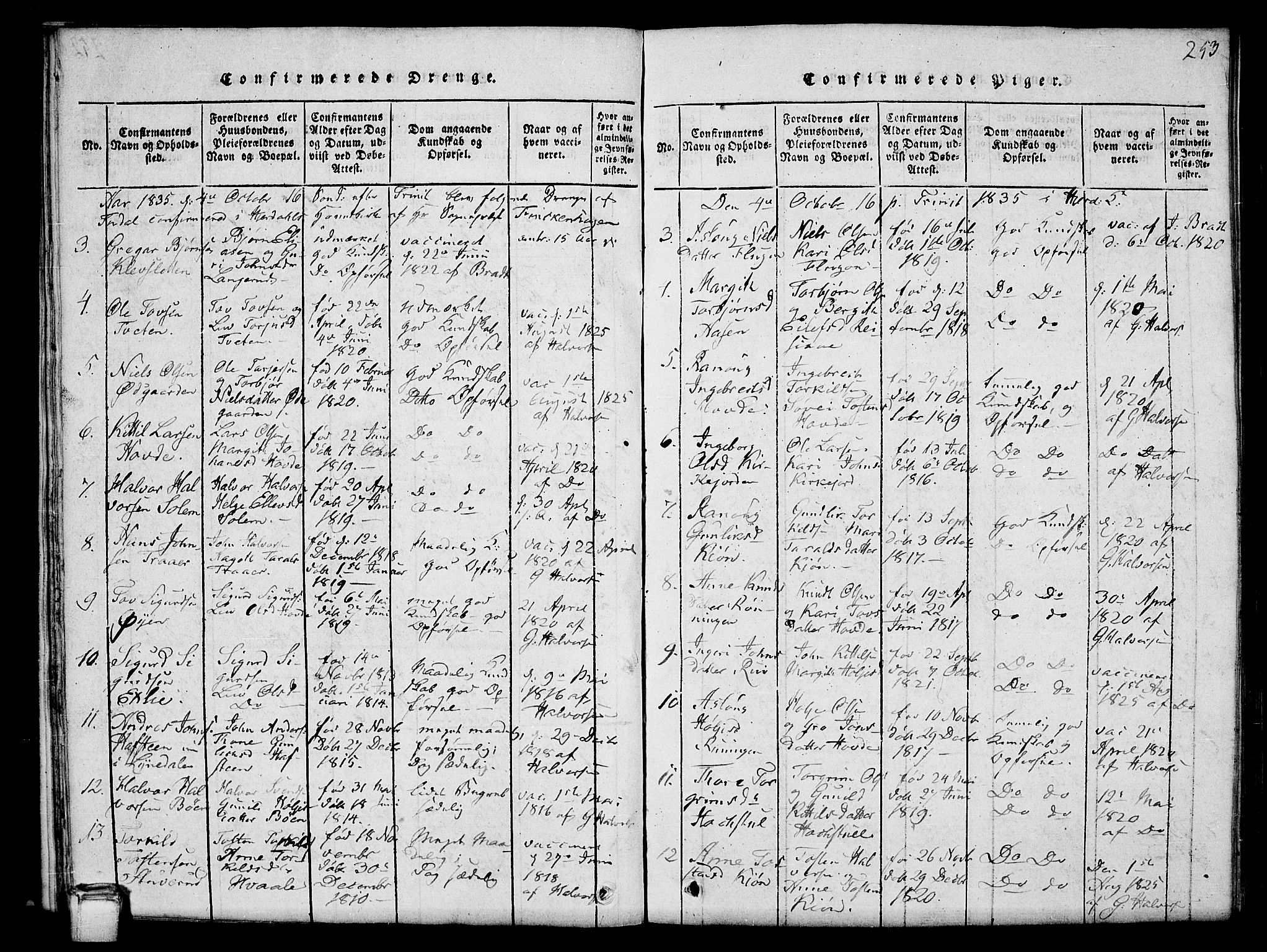 Hjartdal kirkebøker, AV/SAKO-A-270/G/Gc/L0001: Klokkerbok nr. III 1, 1815-1842, s. 253