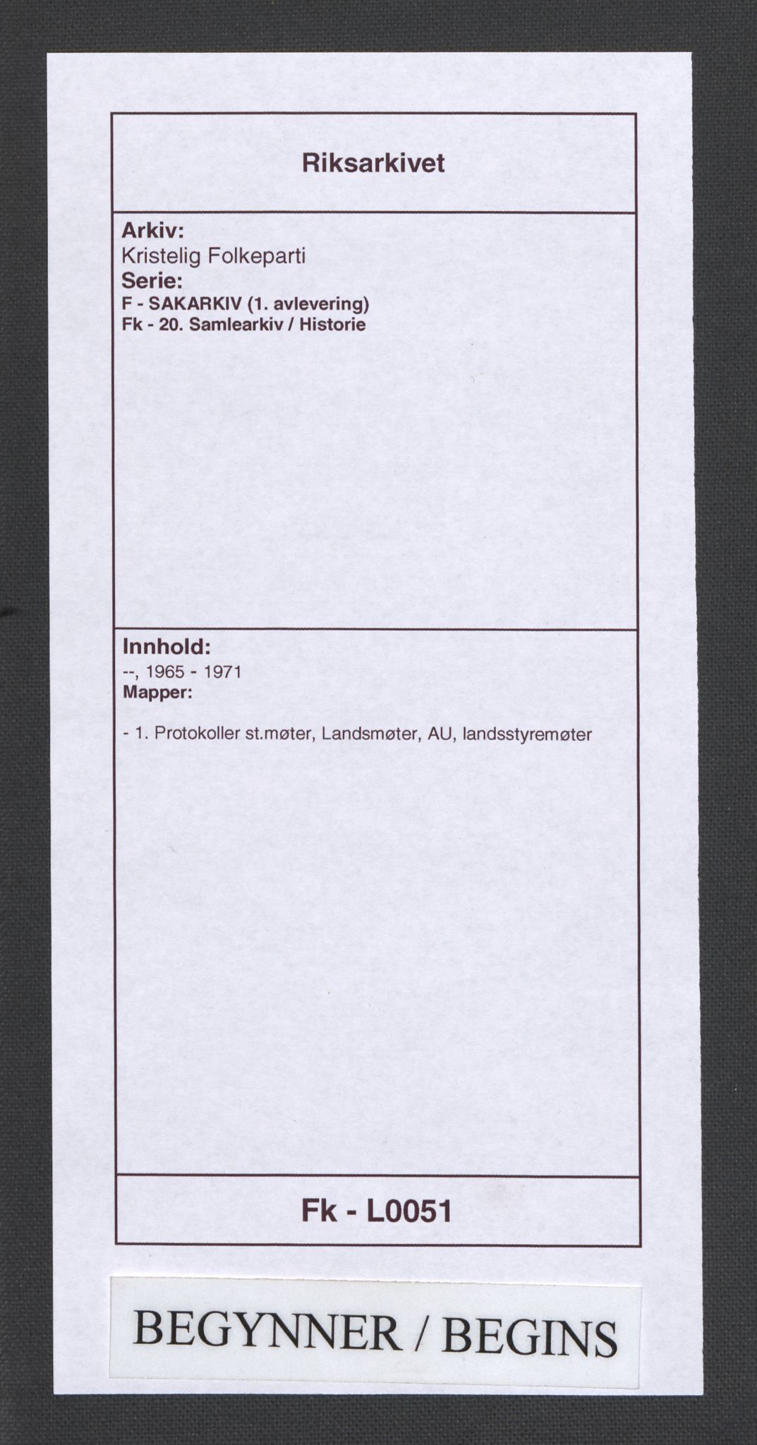 Kristelig Folkeparti, RA/PA-0621/F/Fk/L0051/0001: -- / 1. Protokoller st.møter, Landsmøter, AU, landsstyremøter, 1965-1971
