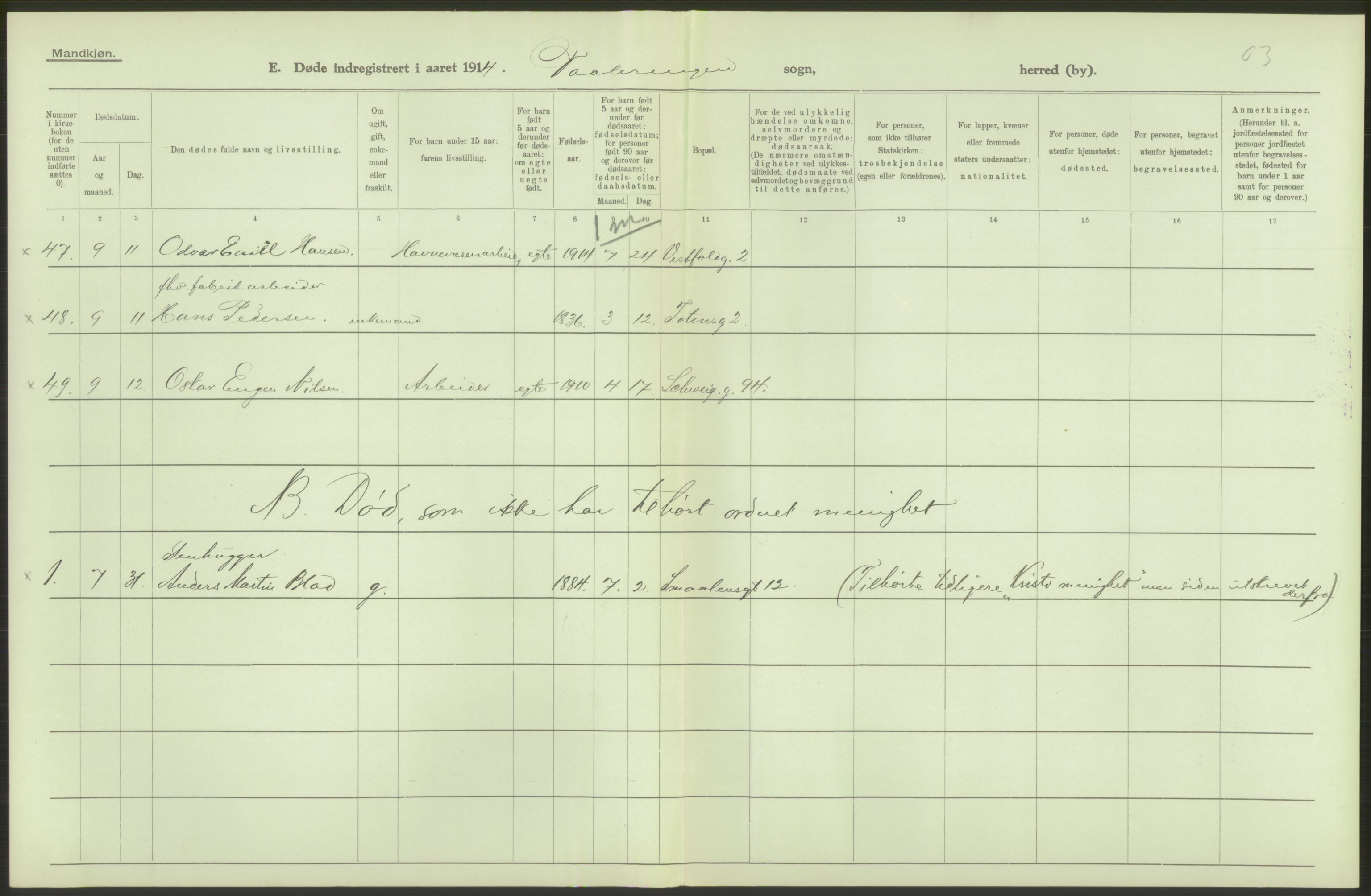 Statistisk sentralbyrå, Sosiodemografiske emner, Befolkning, AV/RA-S-2228/D/Df/Dfb/Dfbd/L0008: Kristiania: Døde, 1914, s. 172