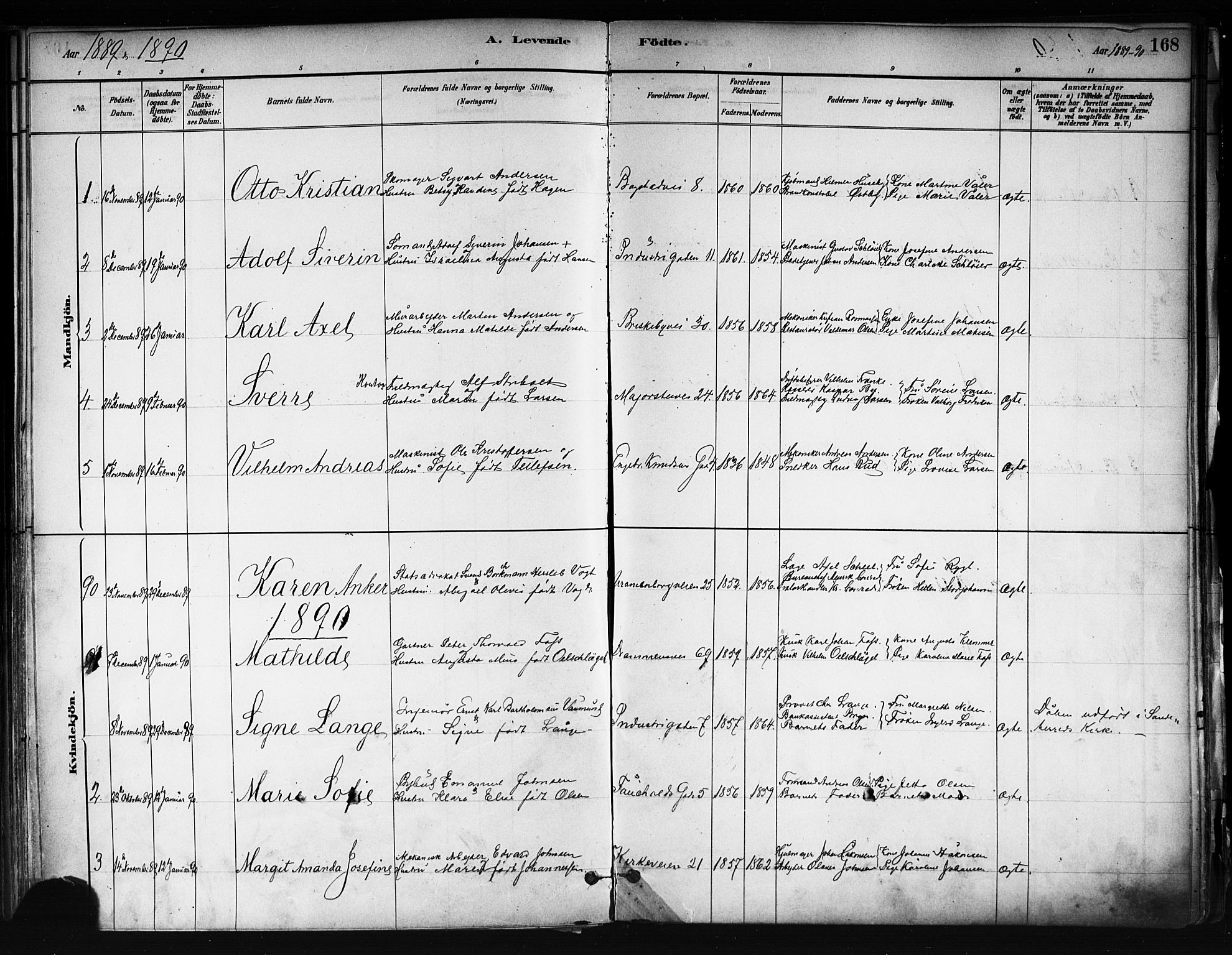 Uranienborg prestekontor Kirkebøker, AV/SAO-A-10877/F/Fa/L0001: Ministerialbok nr. I 1, 1880-1895, s. 168
