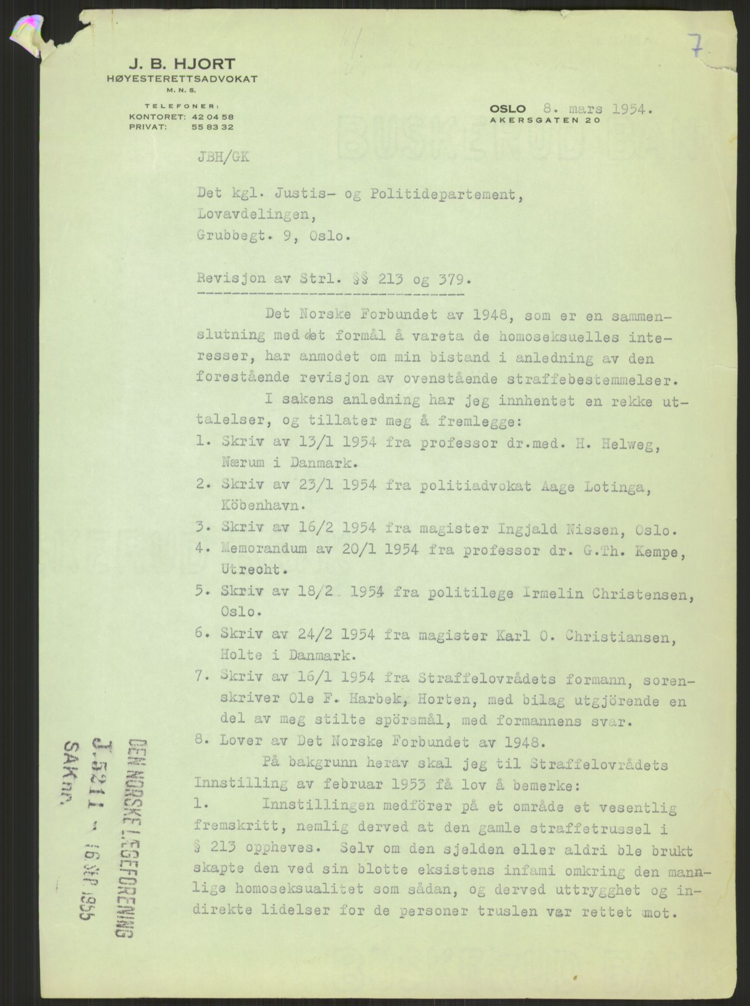 Justisdepartementet, Lovavdelingen, RA/S-3212/D/De/L0029/0001: Straffeloven / Straffelovens revisjon: 5 - Ot. prp. nr.  41 - 1945: Homoseksualiet. 3 mapper, 1956-1970, s. 257