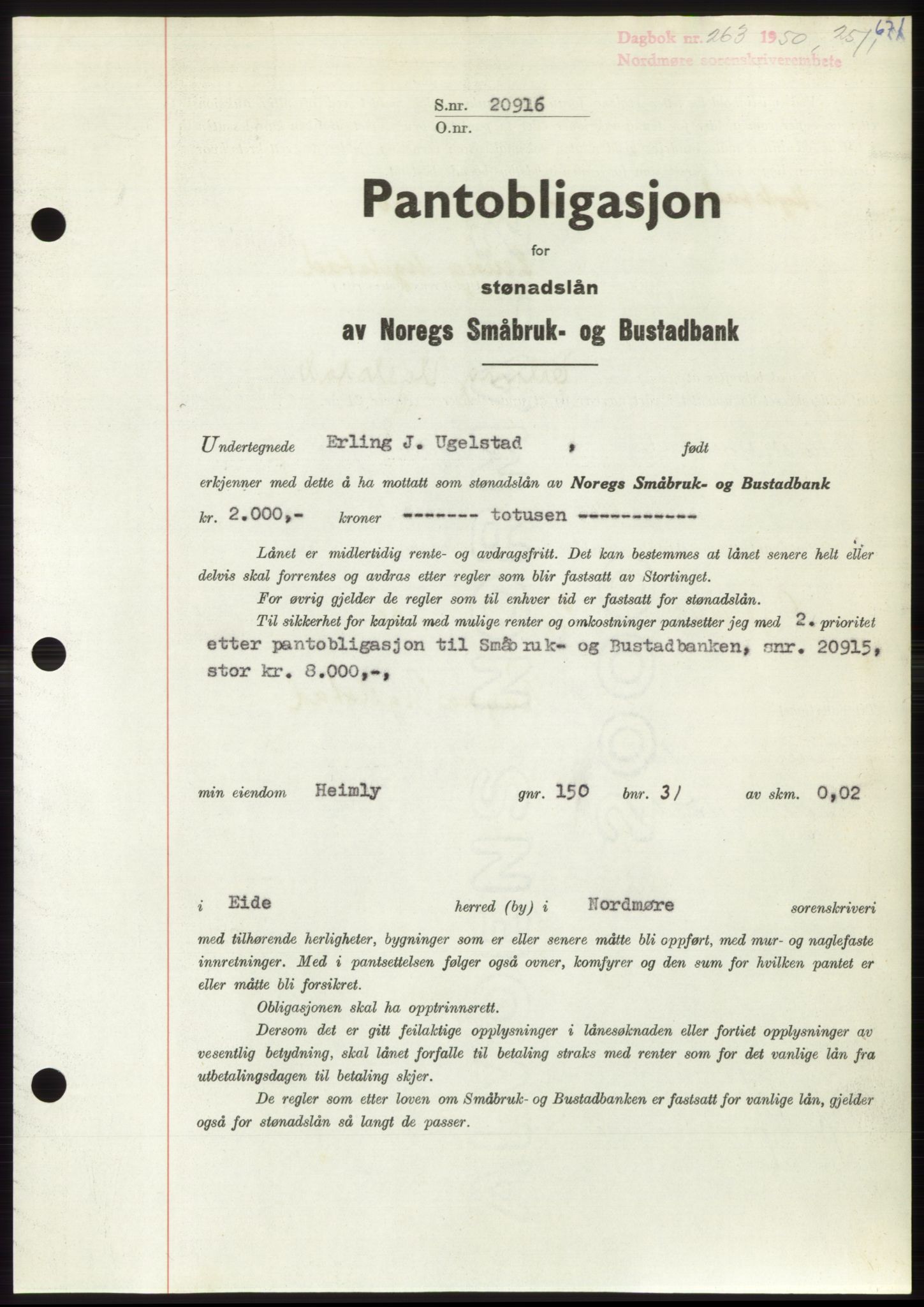 Nordmøre sorenskriveri, SAT/A-4132/1/2/2Ca: Pantebok nr. B103, 1949-1950, Dagboknr: 263/1950