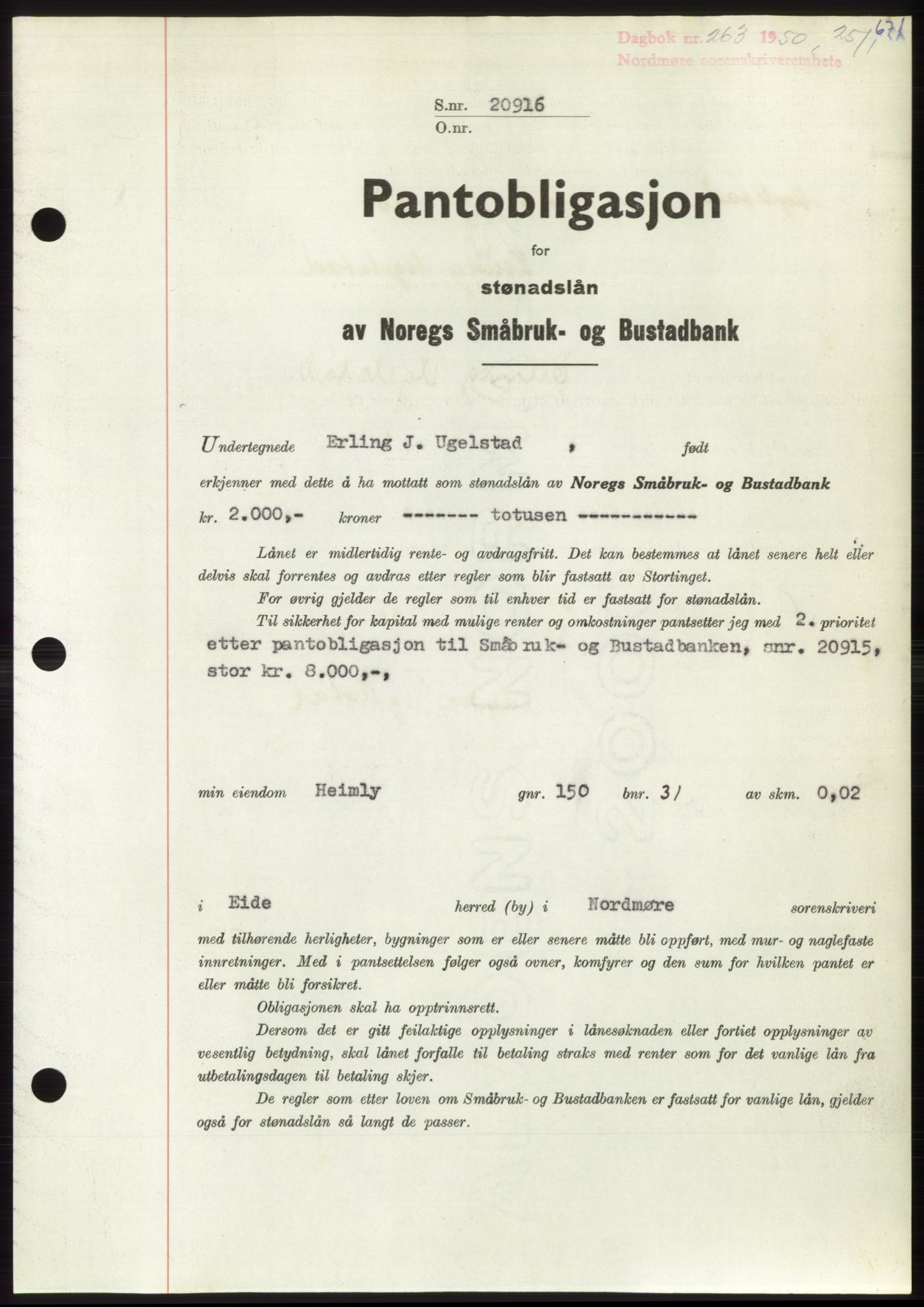 Nordmøre sorenskriveri, AV/SAT-A-4132/1/2/2Ca: Pantebok nr. B103, 1949-1950, Dagboknr: 263/1950