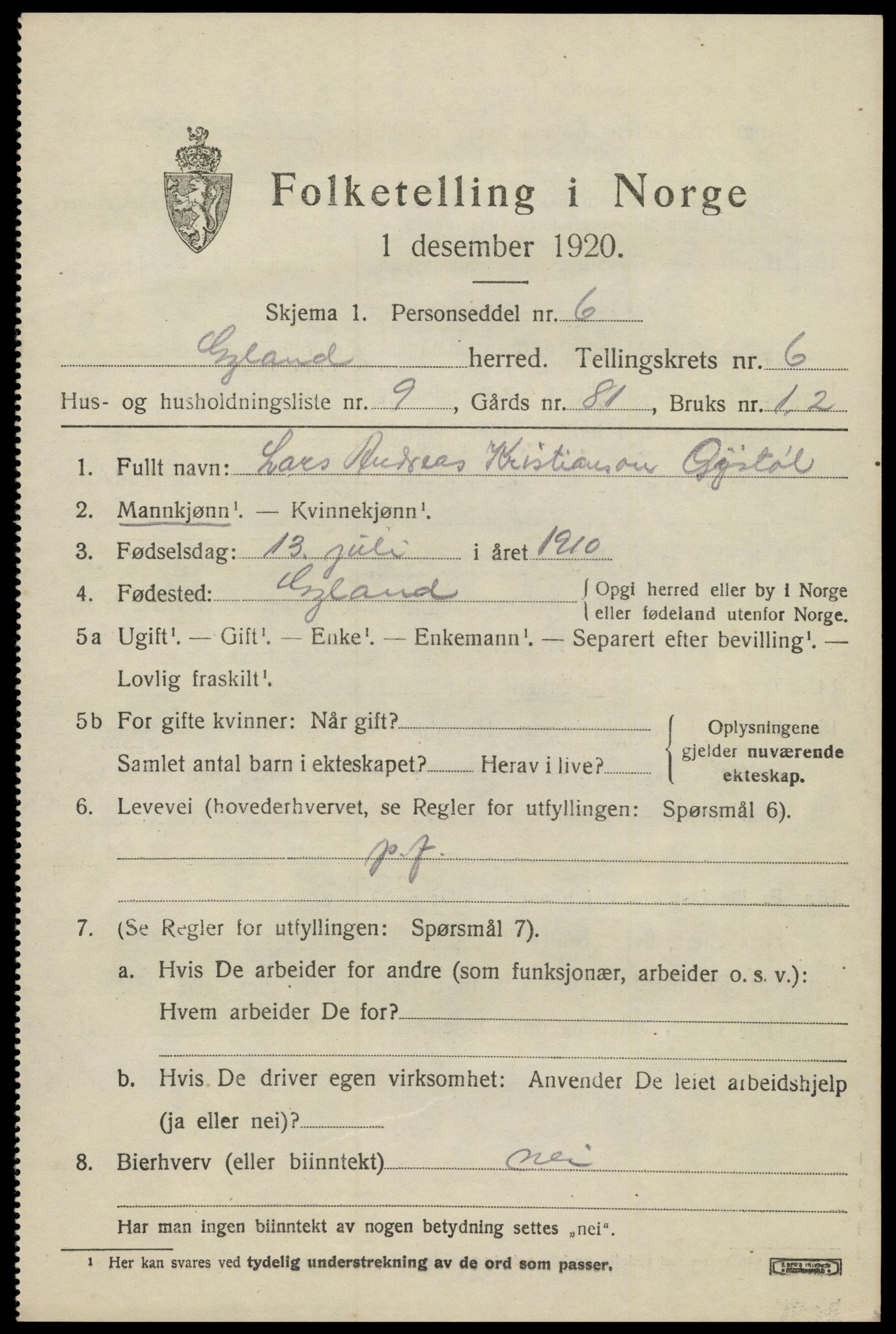 SAK, Folketelling 1920 for 1044 Gyland herred, 1920, s. 1434