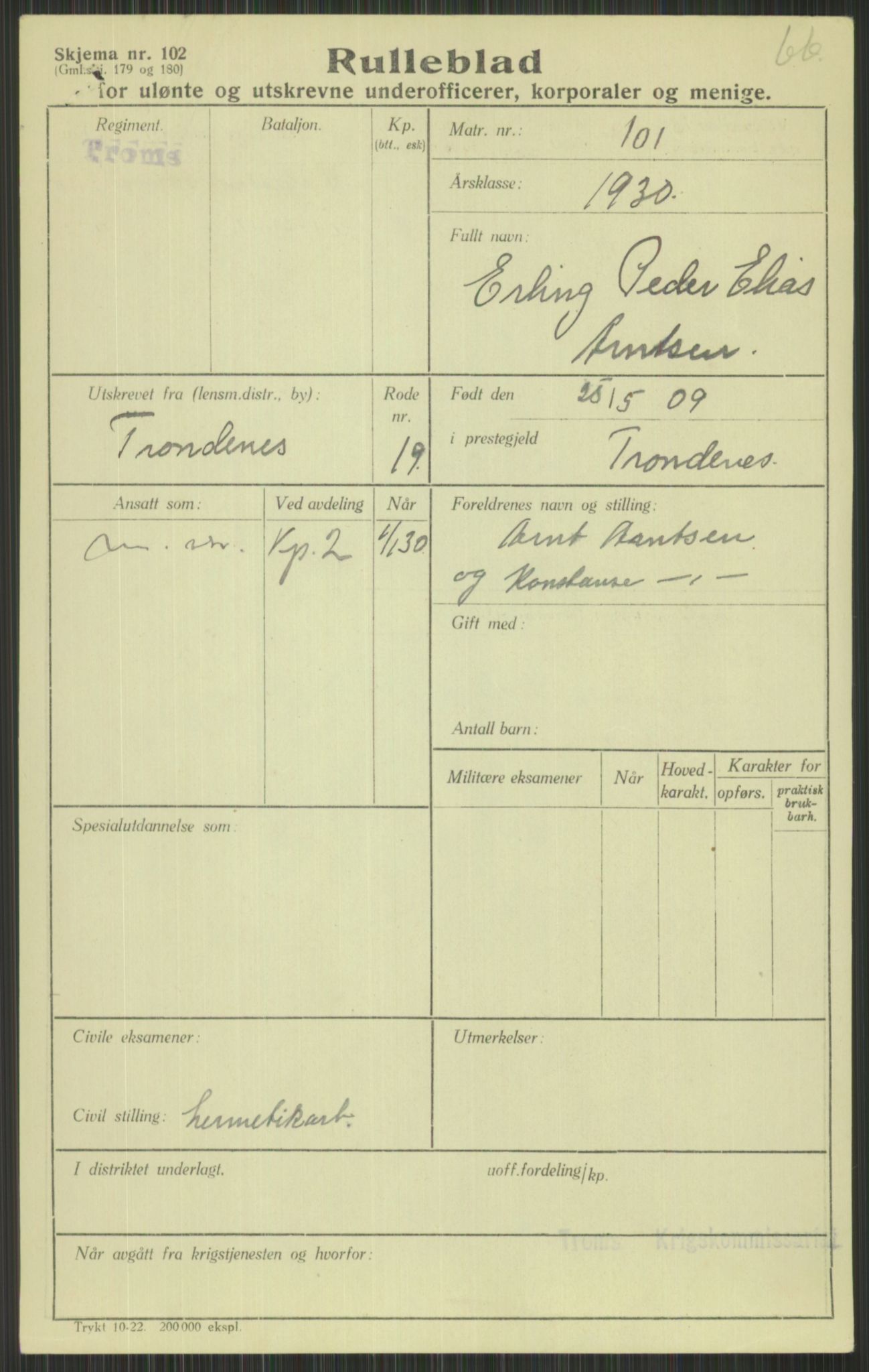 Forsvaret, Troms infanteriregiment nr. 16, AV/RA-RAFA-3146/P/Pa/L0014: Rulleblad for regimentets menige mannskaper, årsklasse 1930, 1930, s. 45