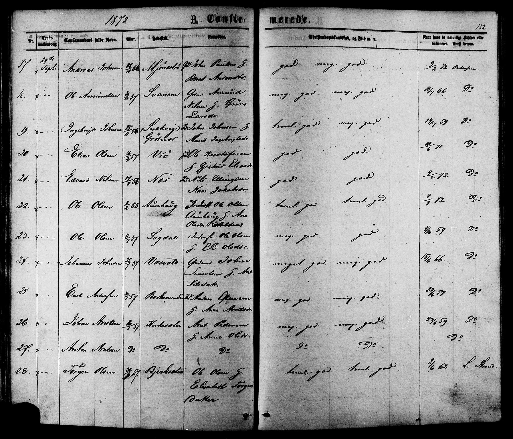 Ministerialprotokoller, klokkerbøker og fødselsregistre - Sør-Trøndelag, SAT/A-1456/630/L0495: Ministerialbok nr. 630A08, 1868-1878, s. 182