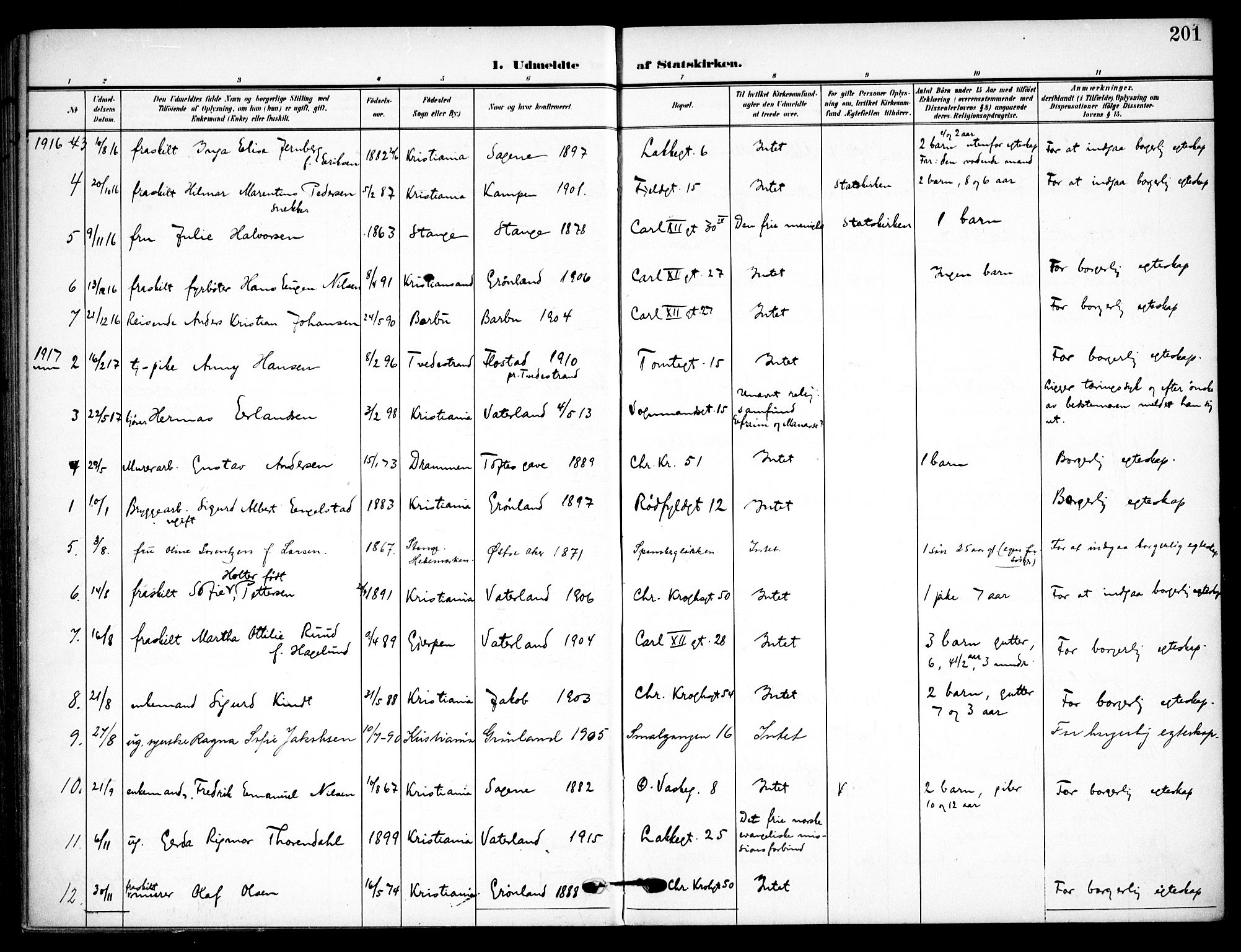 Vaterland prestekontor Kirkebøker, AV/SAO-A-10880/F/Fa/L0002: Ministerialbok nr. 2, 1907-1921, s. 201