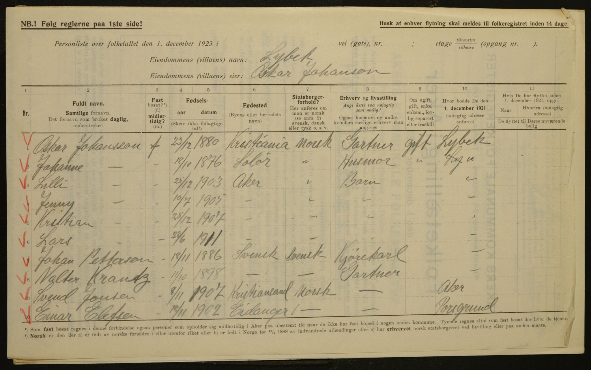 , Kommunal folketelling 1.12.1923 for Aker, 1923, s. 311