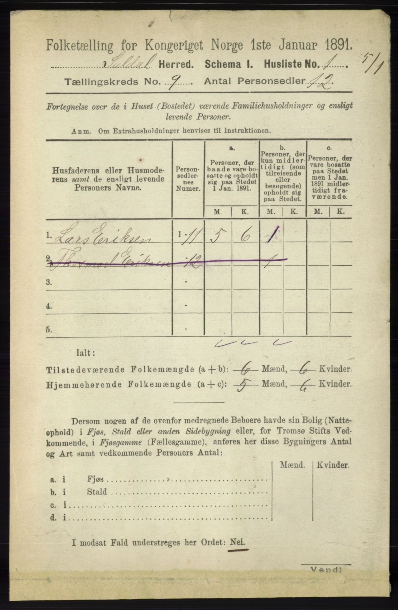 RA, Folketelling 1891 for 1134 Suldal herred, 1891, s. 2622