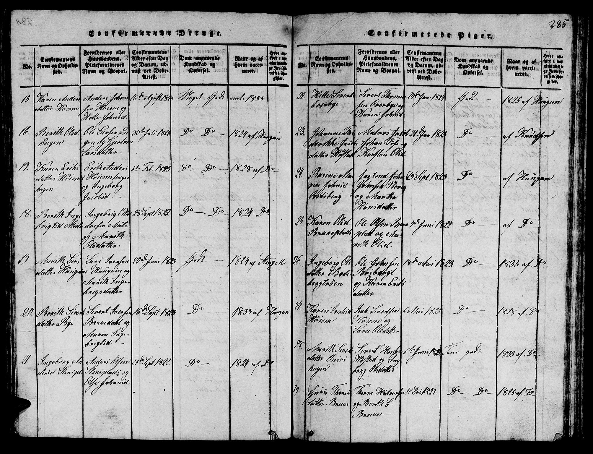 Ministerialprotokoller, klokkerbøker og fødselsregistre - Sør-Trøndelag, AV/SAT-A-1456/612/L0385: Klokkerbok nr. 612C01, 1816-1845, s. 285