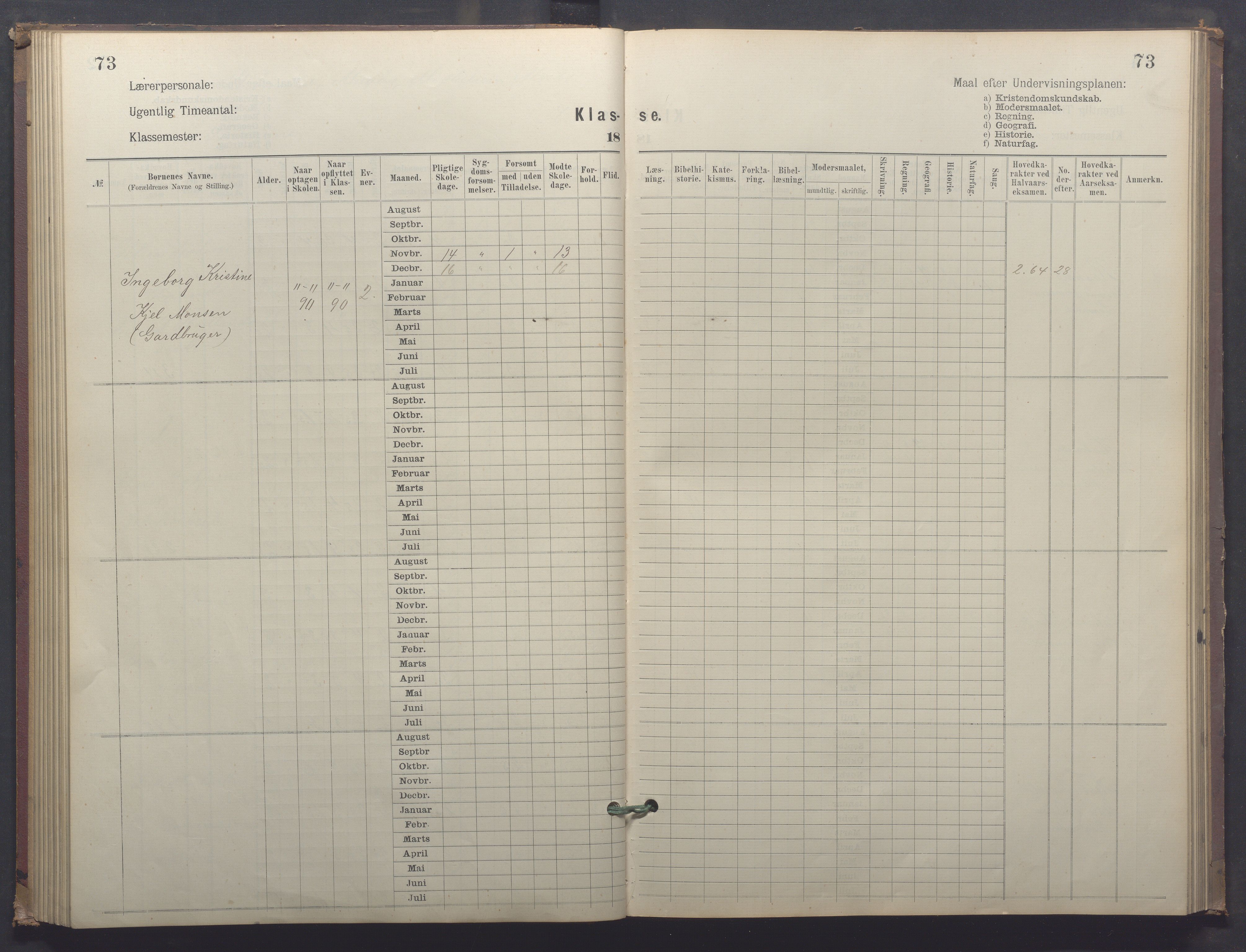 Egersund kommune (Ladested) - Egersund almueskole/folkeskole, IKAR/K-100521/H/L0025: Skoleprotokoll - Almueskolen, 4. klasse, 1887-1892, s. 73