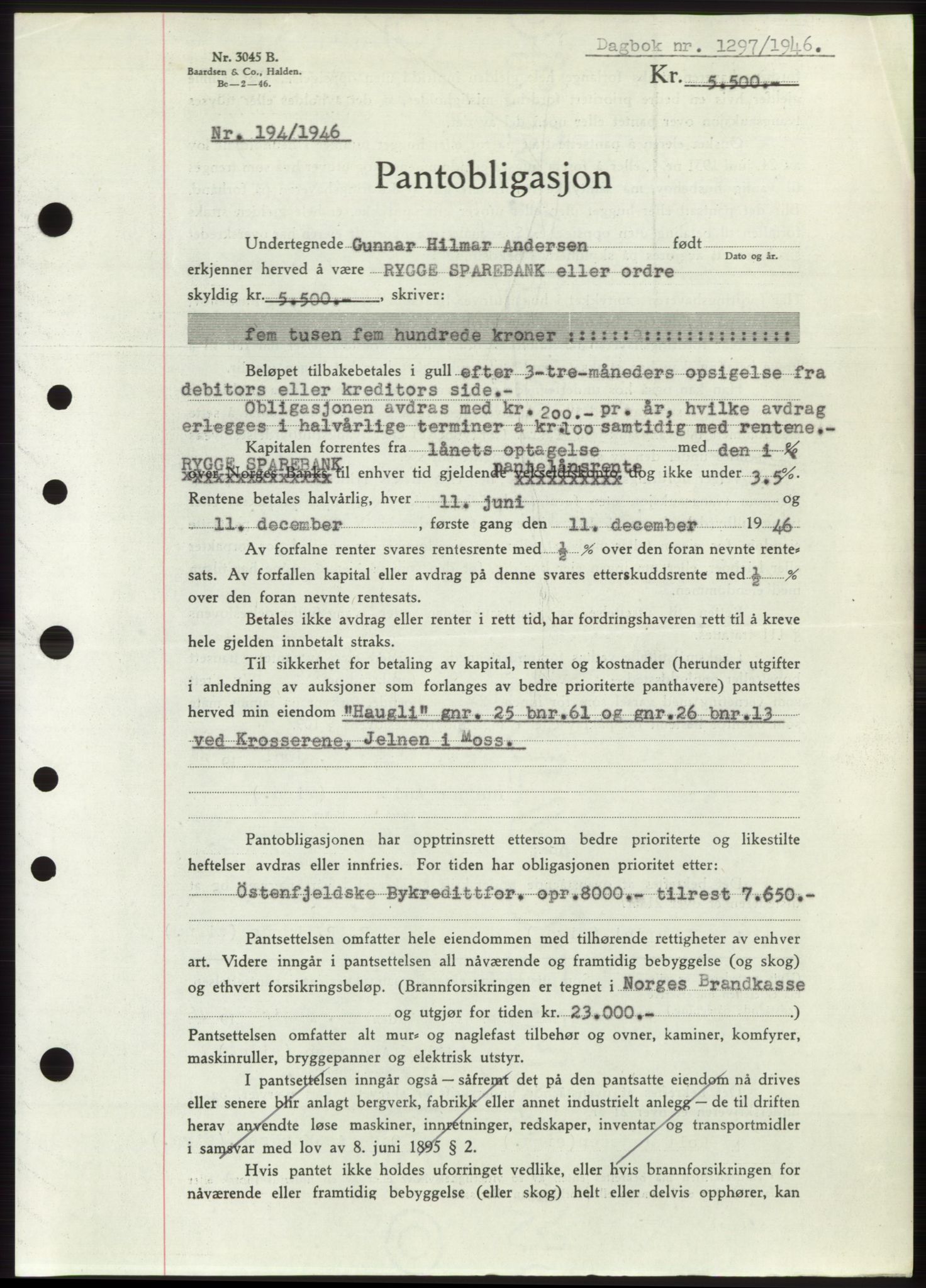 Moss sorenskriveri, SAO/A-10168: Pantebok nr. B15, 1946-1946, Dagboknr: 1297/1946