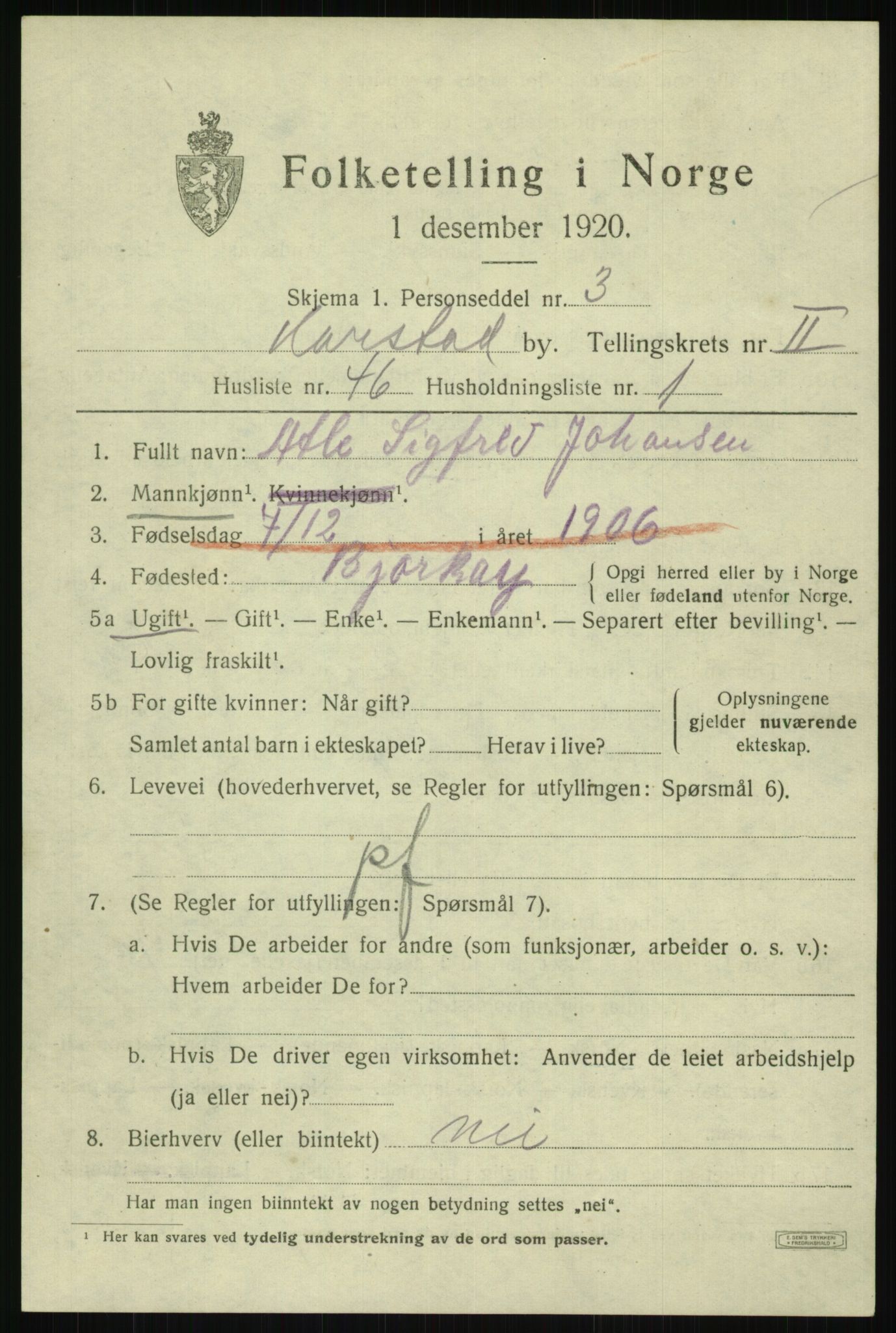 SATØ, Folketelling 1920 for 1901 Harstad ladested, 1920, s. 3870