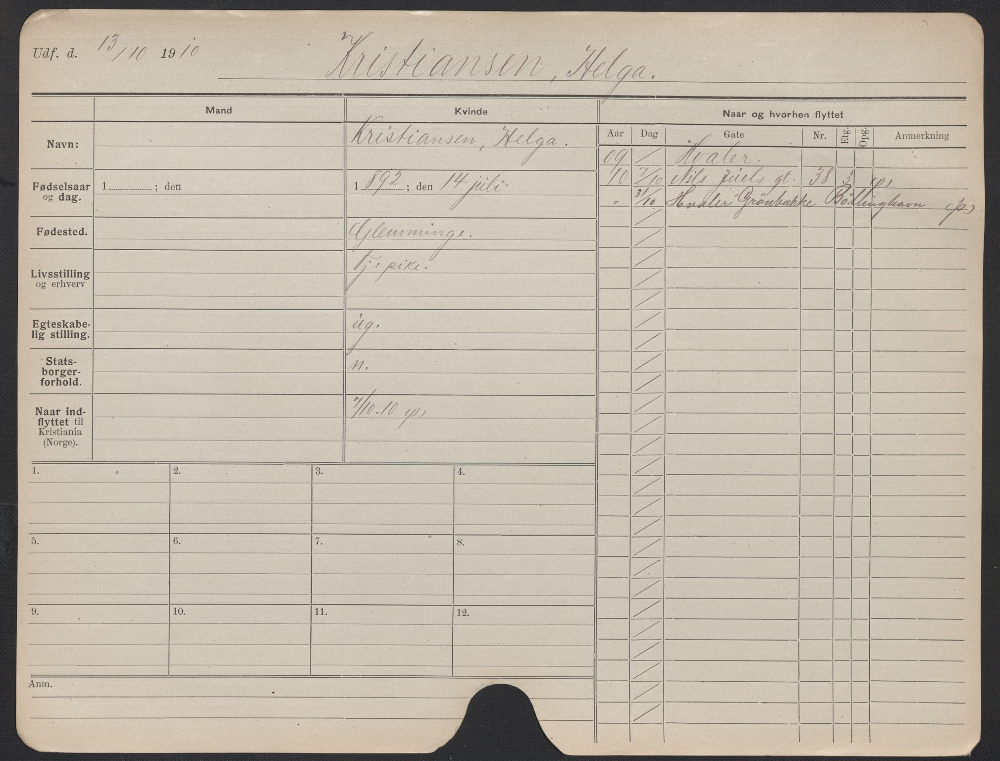 Oslo folkeregister, Registerkort, AV/SAO-A-11715/F/Fa/Fac/L0019: Kvinner, 1906-1914, s. 296a