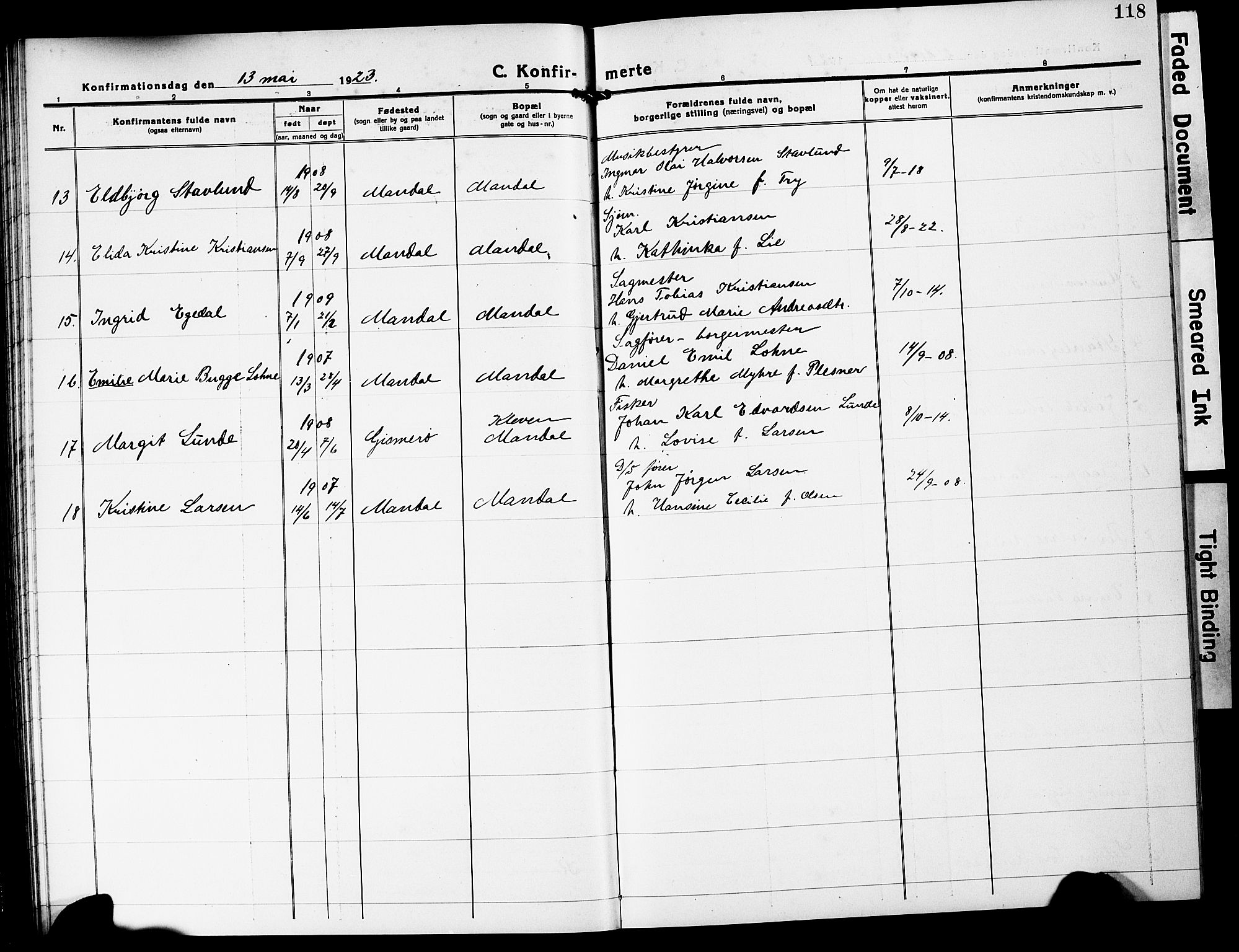 Mandal sokneprestkontor, SAK/1111-0030/F/Fb/Fbc/L0001: Klokkerbok nr. B 1, 1918-1931, s. 118