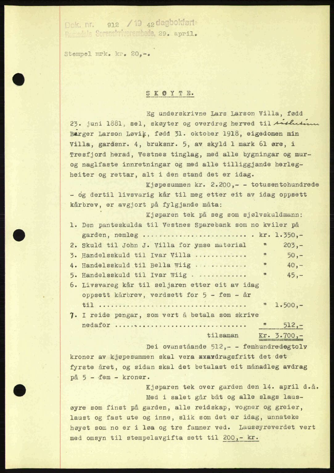 Romsdal sorenskriveri, SAT/A-4149/1/2/2C: Pantebok nr. A12, 1942-1942, Dagboknr: 912/1942