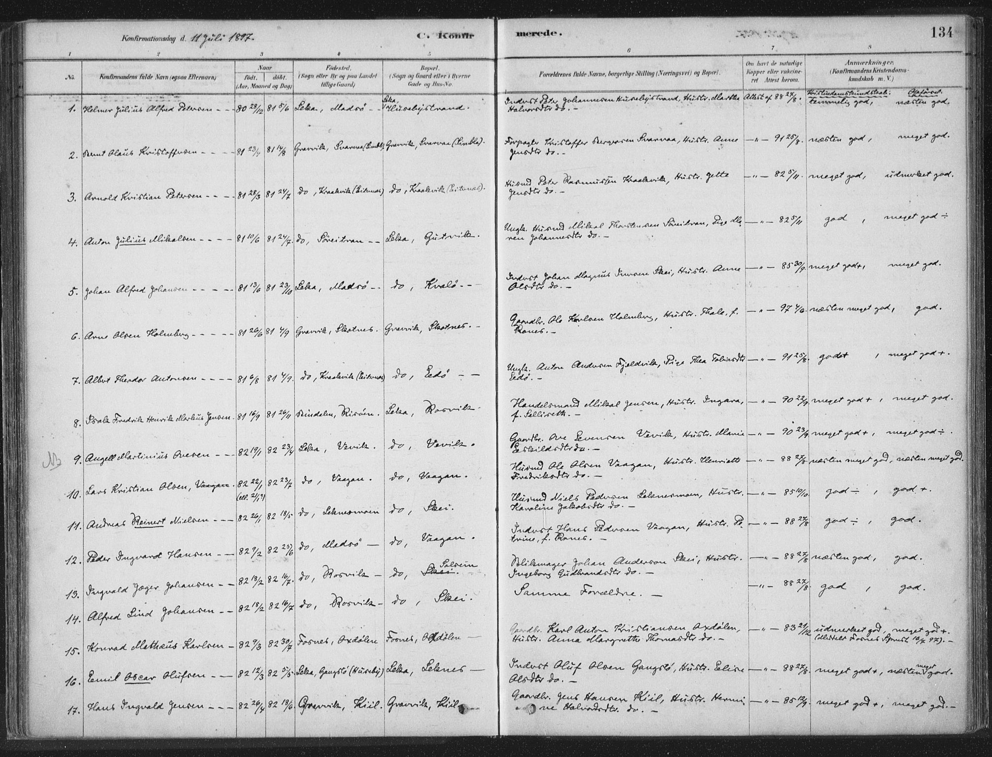 Ministerialprotokoller, klokkerbøker og fødselsregistre - Nord-Trøndelag, AV/SAT-A-1458/788/L0697: Ministerialbok nr. 788A04, 1878-1902, s. 134