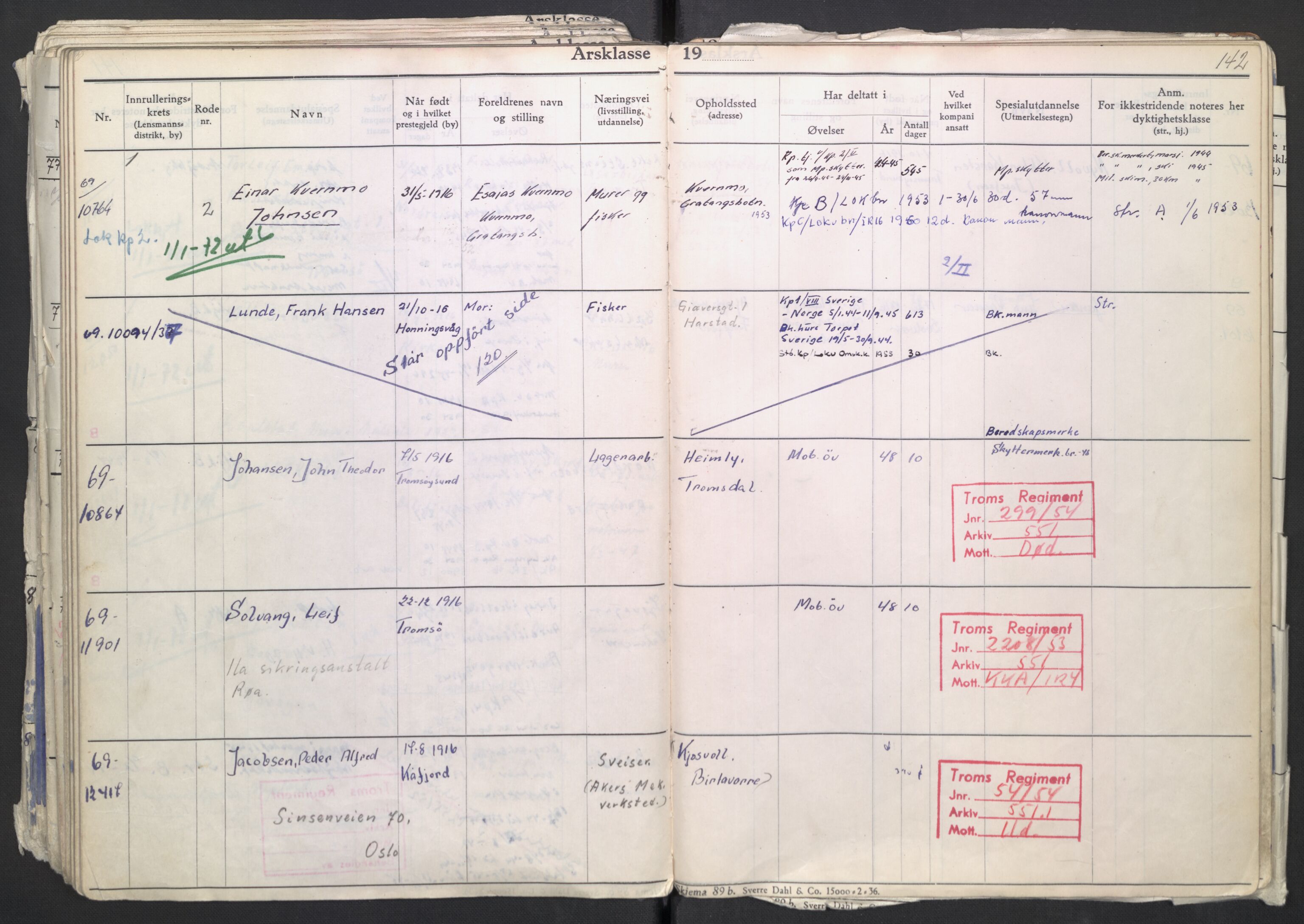 Forsvaret, Troms infanteriregiment nr. 16, AV/RA-RAFA-3146/P/Pa/L0007/0002: Ruller / Rulle for regimentets menige mannskaper, årsklasse 1937, 1937, s. 142