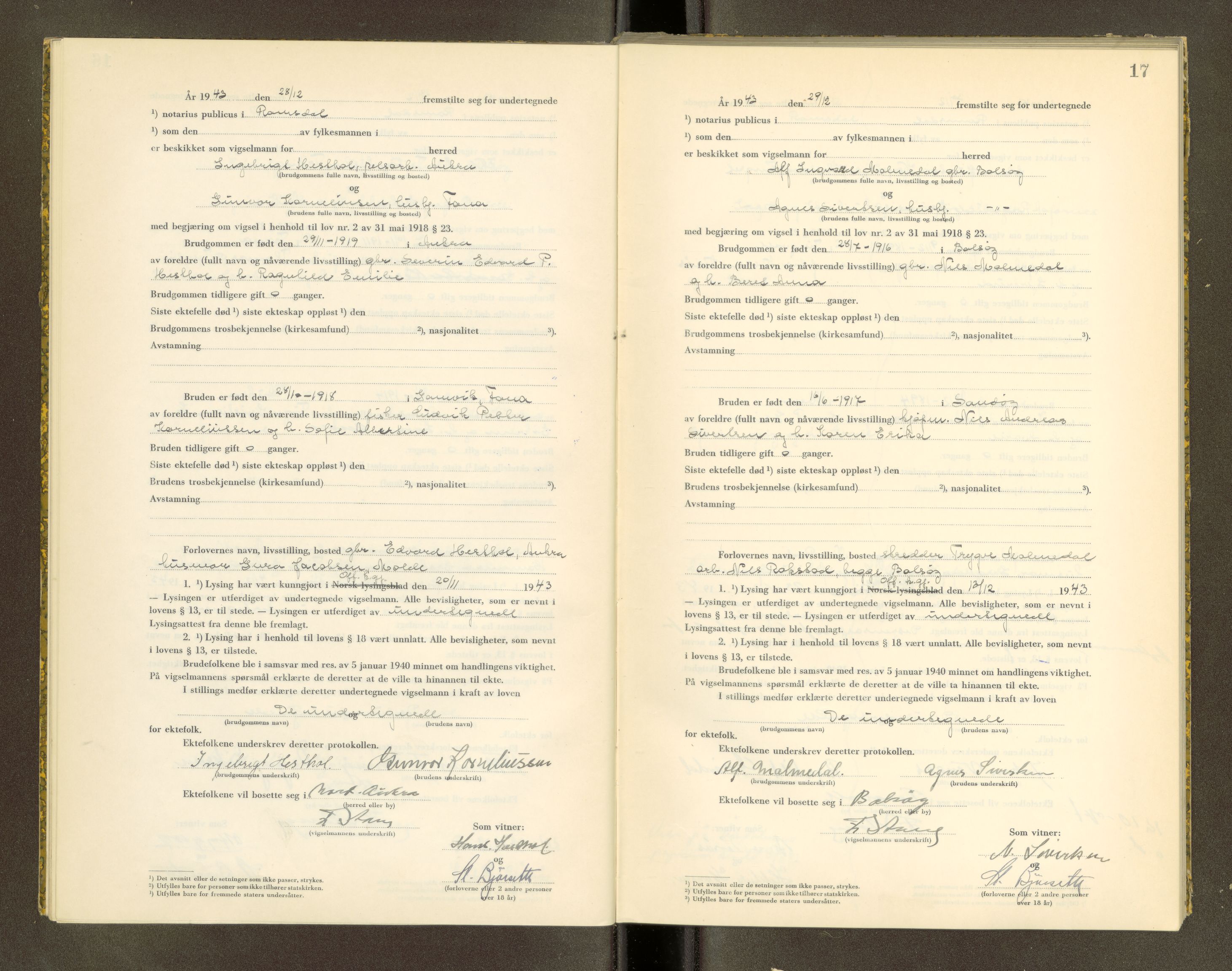 Romsdal sorenskriveri, AV/SAT-A-4149/1/6/6D/L0007: Vigselbok, 1943-1944, s. 17