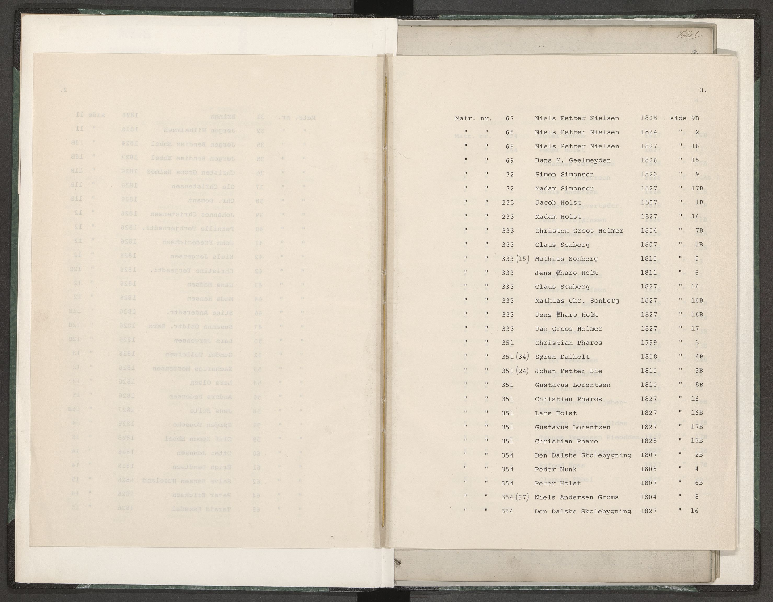 Norges Brannkasse Grimstad, AV/SAK-2241-0018/F/Fa/L0001: Branntakstprotokoll nr. 1 med register over matrikkelnummer og personnavn, 1799-1835