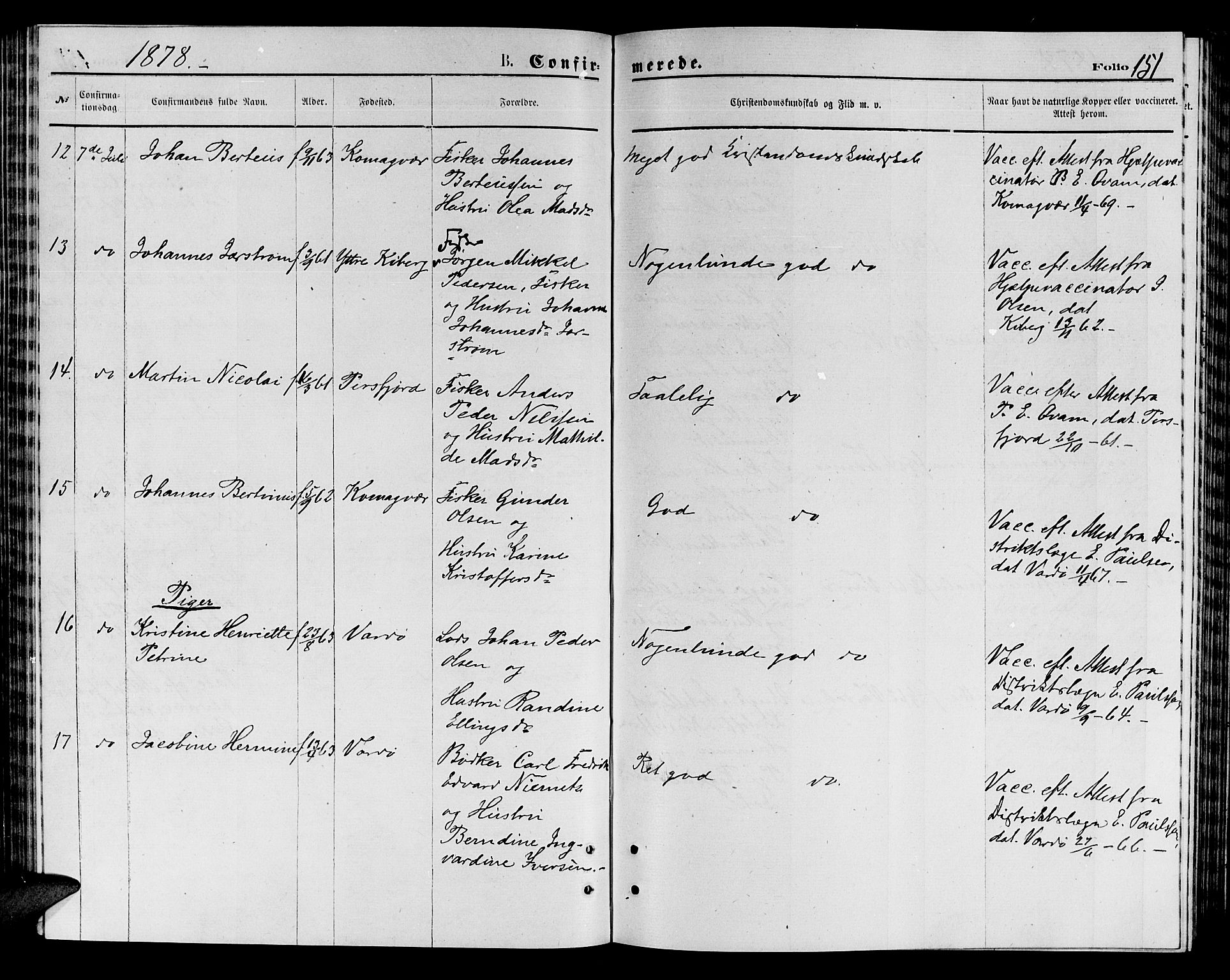 Vardø sokneprestkontor, AV/SATØ-S-1332/H/Hb/L0003klokker: Klokkerbok nr. 3, 1871-1878, s. 151