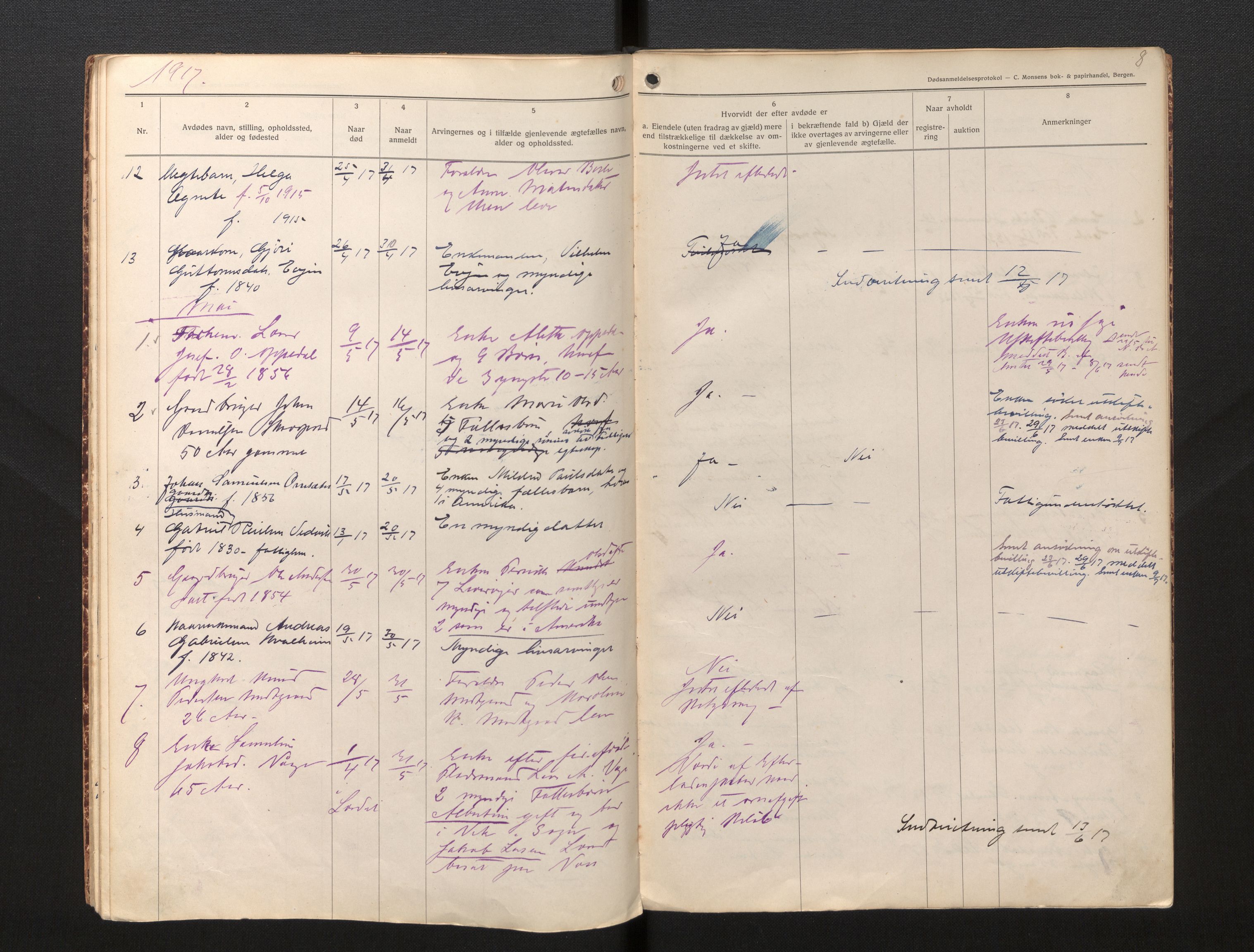 Lensmannen i Selje, AV/SAB-A-29701/0006/L0007: Dødsfallprotokoll, 1916-1920, s. 8