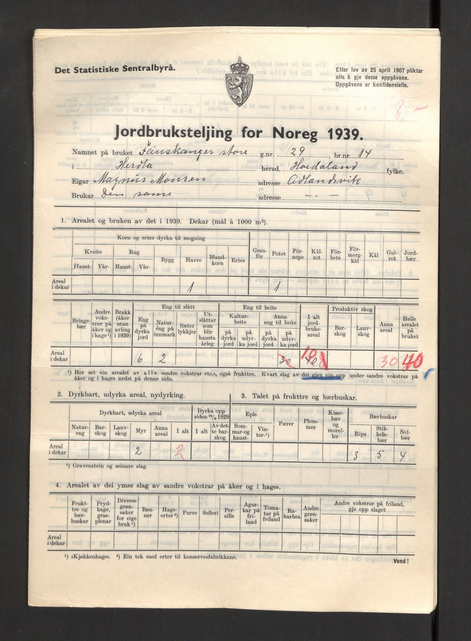 Statistisk sentralbyrå, Næringsøkonomiske emner, Jordbruk, skogbruk, jakt, fiske og fangst, AV/RA-S-2234/G/Gb/L0211: Hordaland: Herdla, Hjelme og Manger, 1939, s. 229