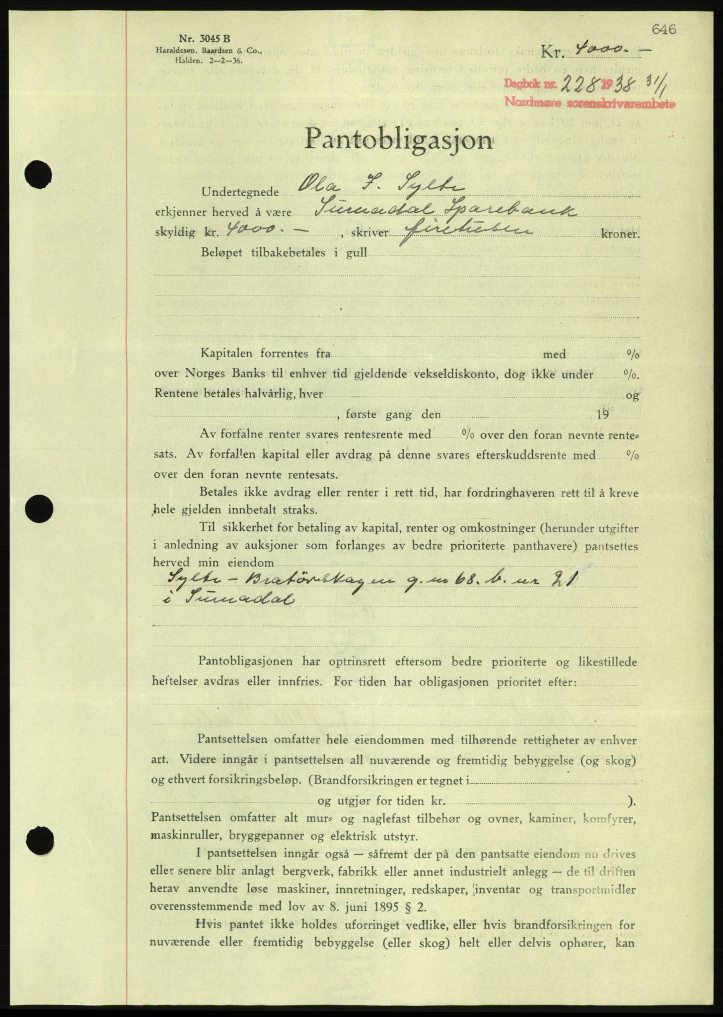 Nordmøre sorenskriveri, AV/SAT-A-4132/1/2/2Ca/L0092: Pantebok nr. B82, 1937-1938, Dagboknr: 228/1938