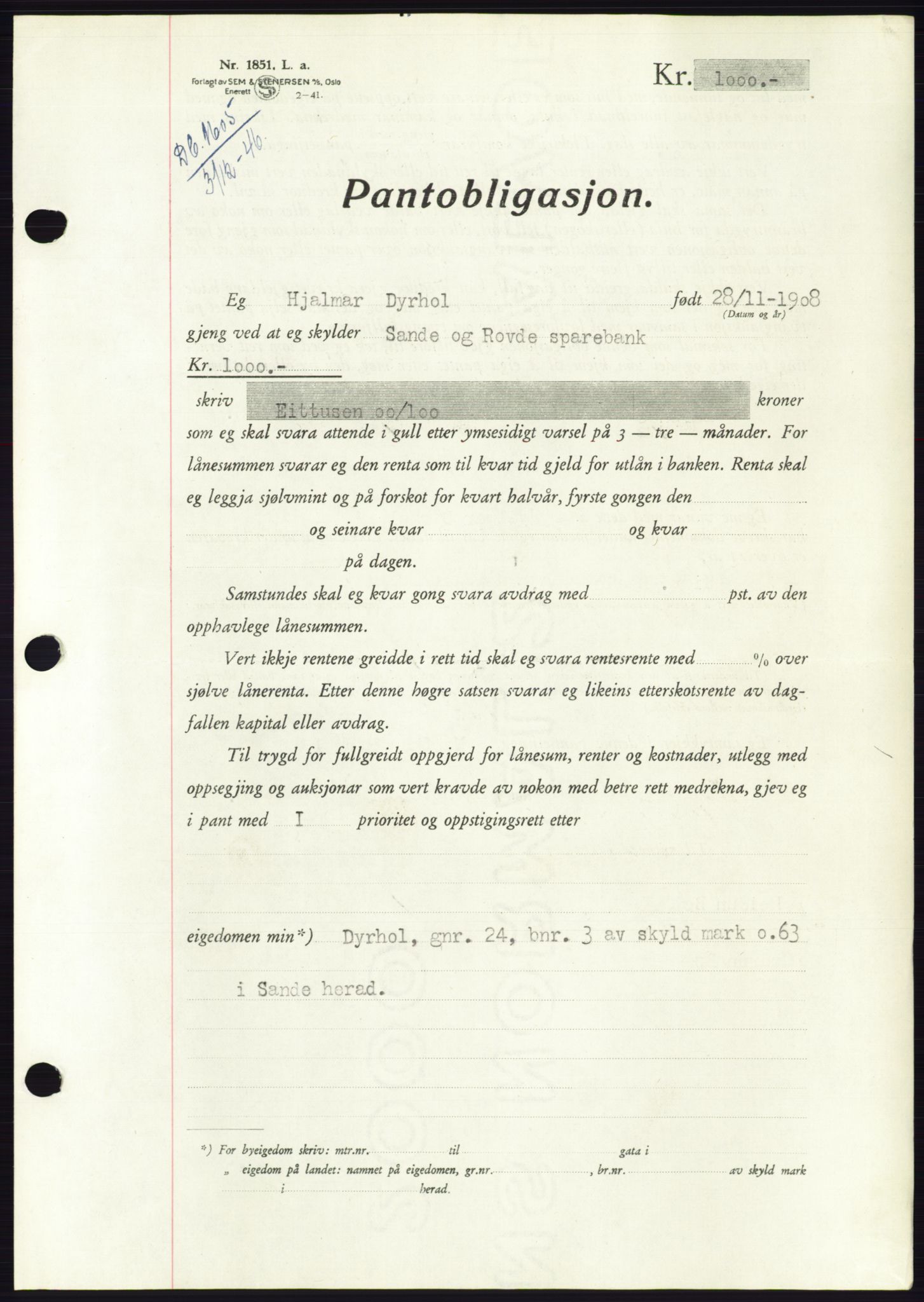 Søre Sunnmøre sorenskriveri, AV/SAT-A-4122/1/2/2C/L0114: Pantebok nr. 1-2B, 1943-1947, Dagboknr: 1605/1946
