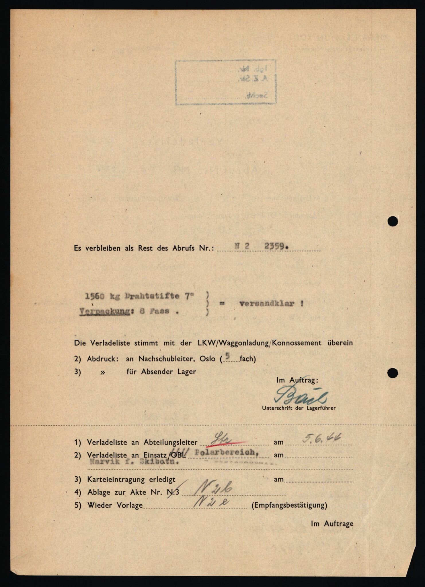 Tyske arkiver, Organisation Todt (OT), Einsatzgruppe Wiking, AV/RA-RAFA-2188/1/E/E6/E6c/L0007: Nachschub: Arkivkode 9451-9490, 1940-1945, s. 107