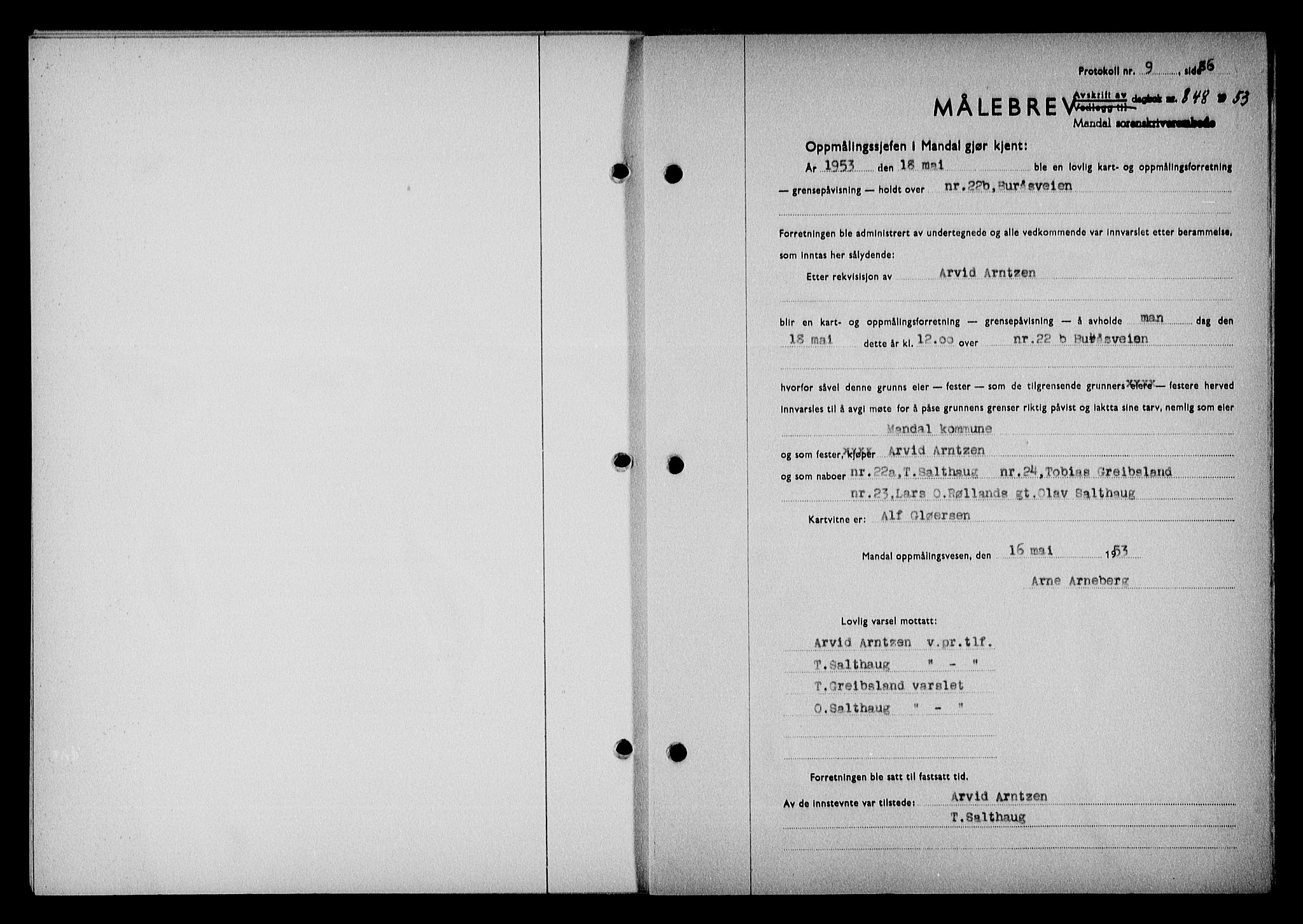 Mandal sorenskriveri, SAK/1221-0005/001/G/Gb/Gba/L0087: Pantebok nr. A-24, 1953-1953, Dagboknr: 848/1953