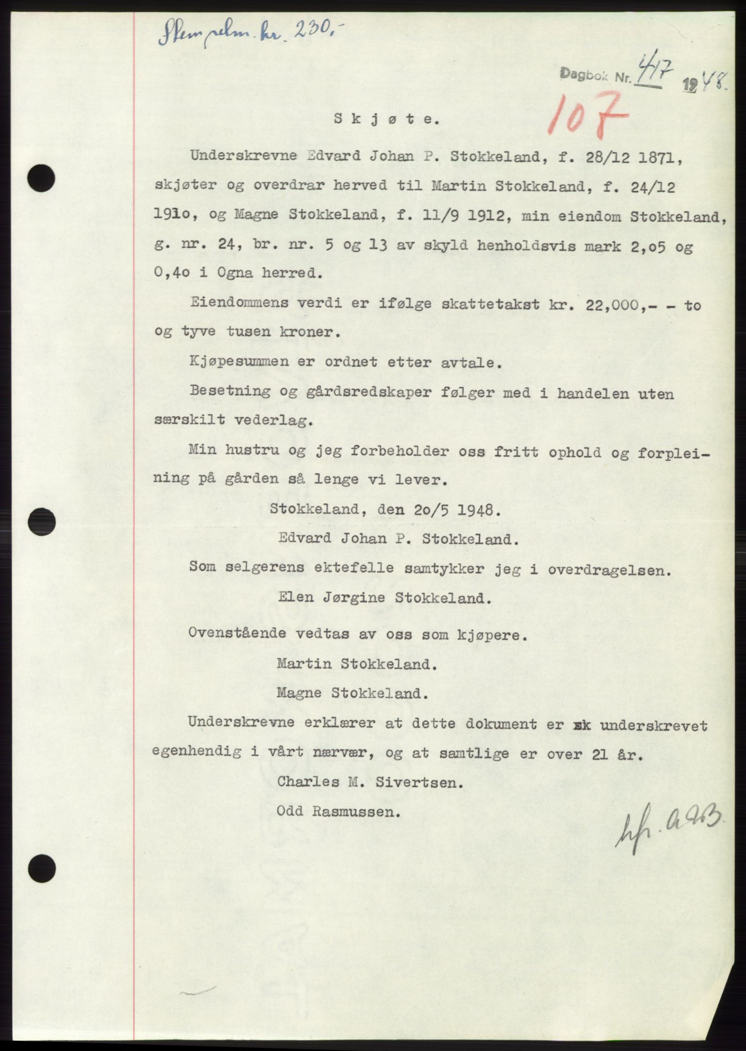 Dalane sorenskriveri, SAST/A-100309/02/G/Gb/L0058: Pantebok, 1926-1950, Tingl.dato: 27.05.1948