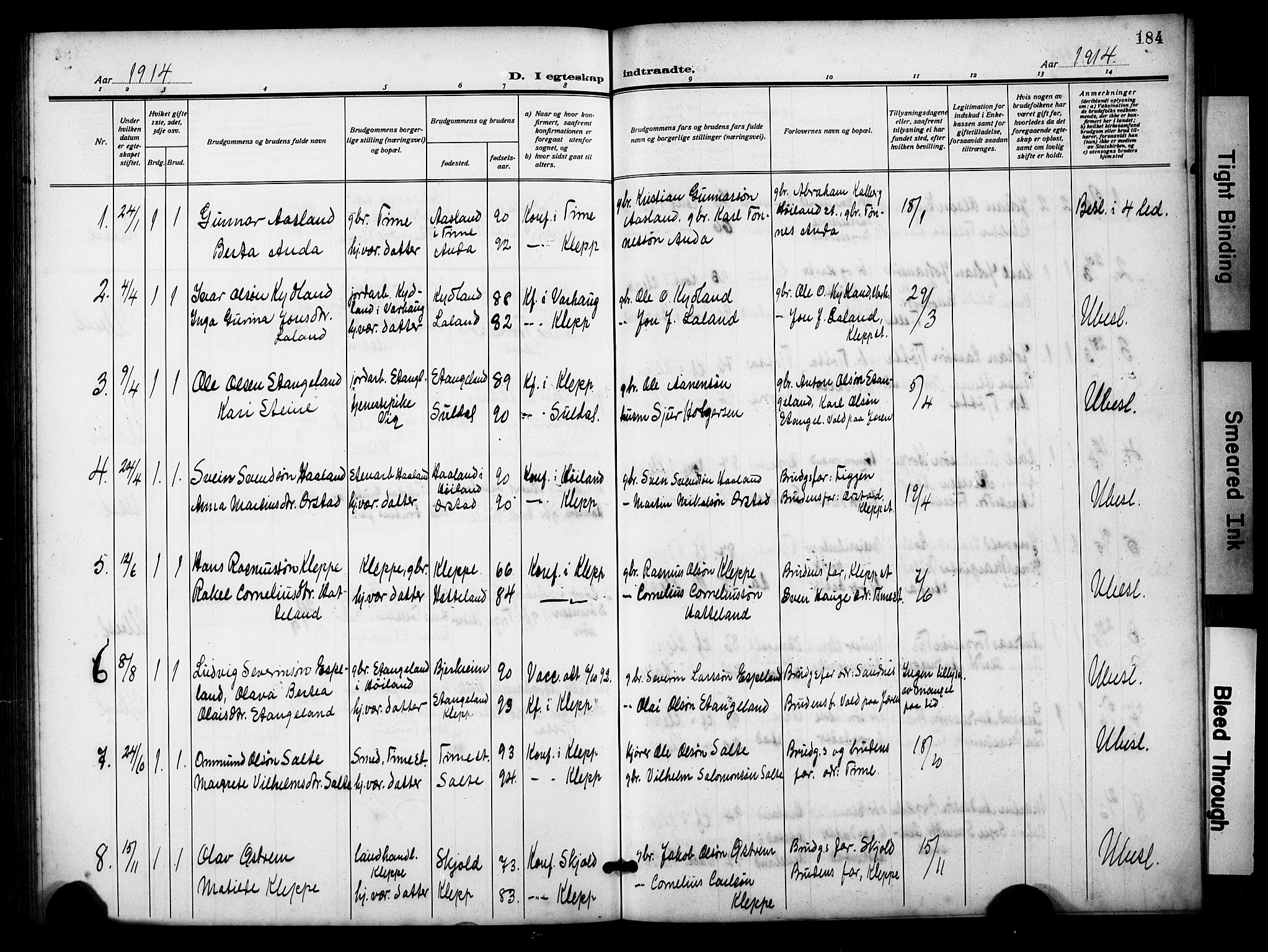 Klepp sokneprestkontor, AV/SAST-A-101803/001/3/30BB/L0007: Klokkerbok nr. B 7, 1908-1934, s. 184