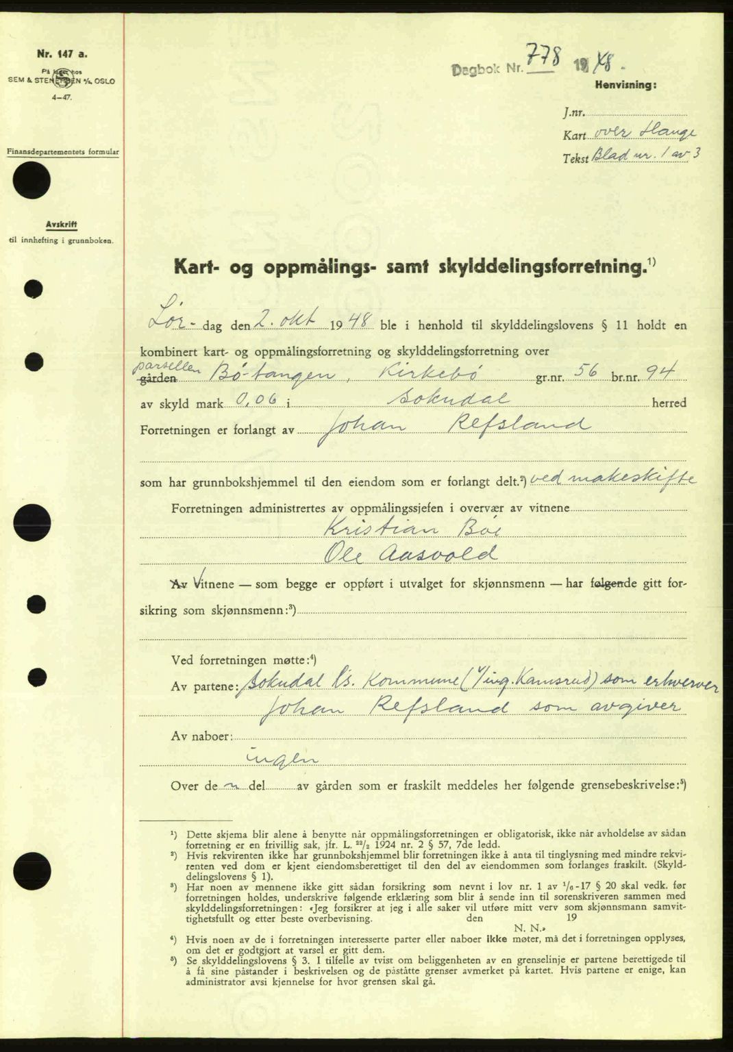Dalane sorenskriveri, SAST/A-100309/02/G/Gb/L0051: Pantebok nr. A11, 1947-1948, Dagboknr: 778/1948