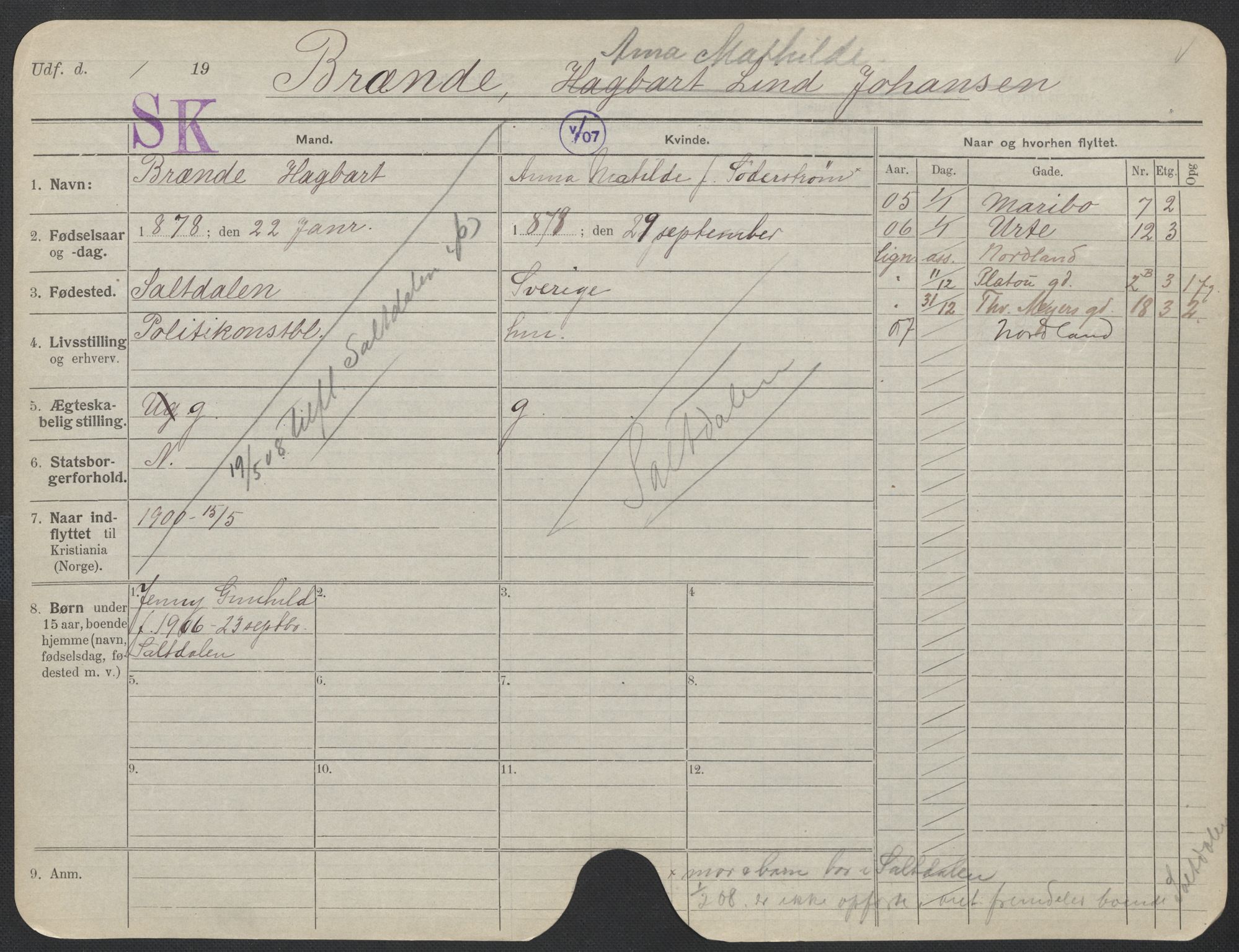Oslo folkeregister, Registerkort, SAO/A-11715/F/Fa/Fac/L0013: Kvinner, 1906-1914, s. 826a