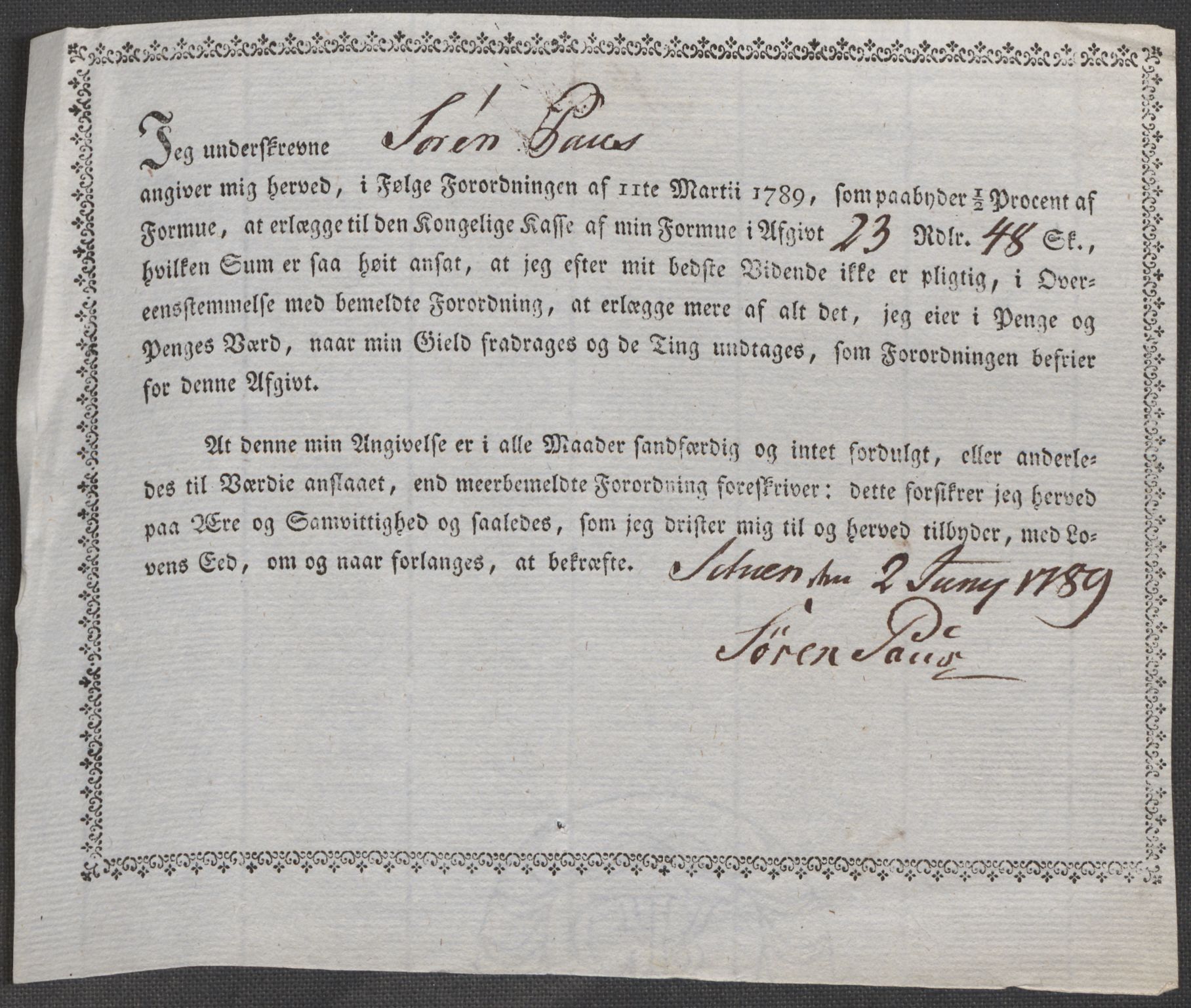 Rentekammeret inntil 1814, Reviderte regnskaper, Mindre regnskaper, AV/RA-EA-4068/Rf/Rfe/L0043: Skien, Solør og Odalen fogderi, 1789, s. 261