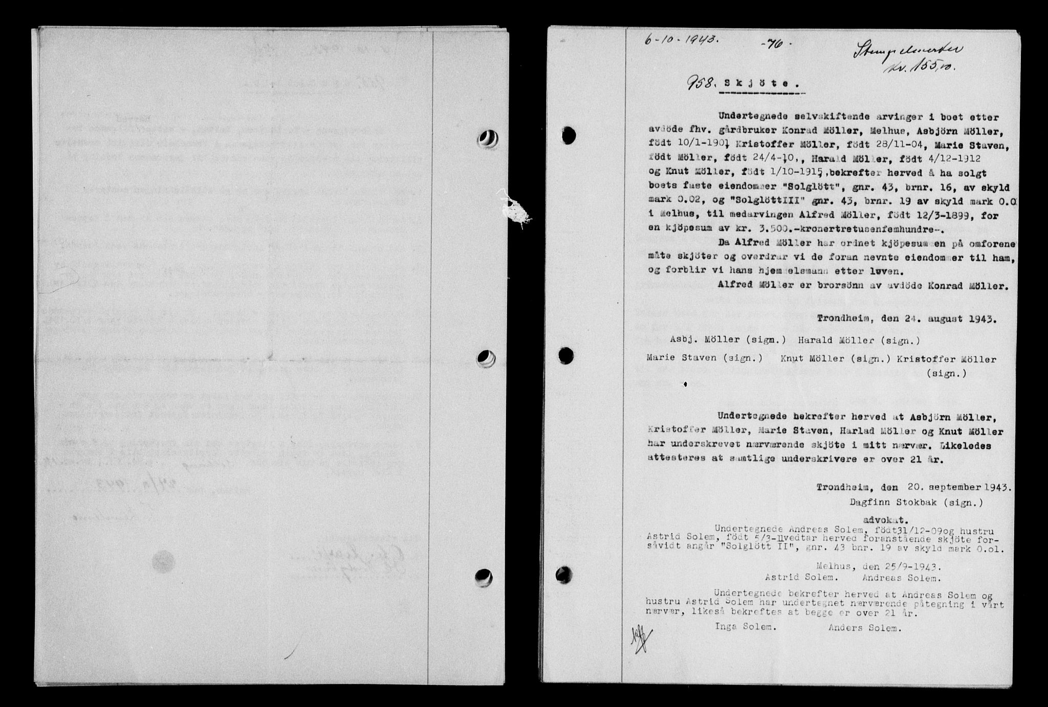 Gauldal sorenskriveri, SAT/A-0014/1/2/2C/L0057: Pantebok nr. 62, 1943-1944, Dagboknr: 958/1943