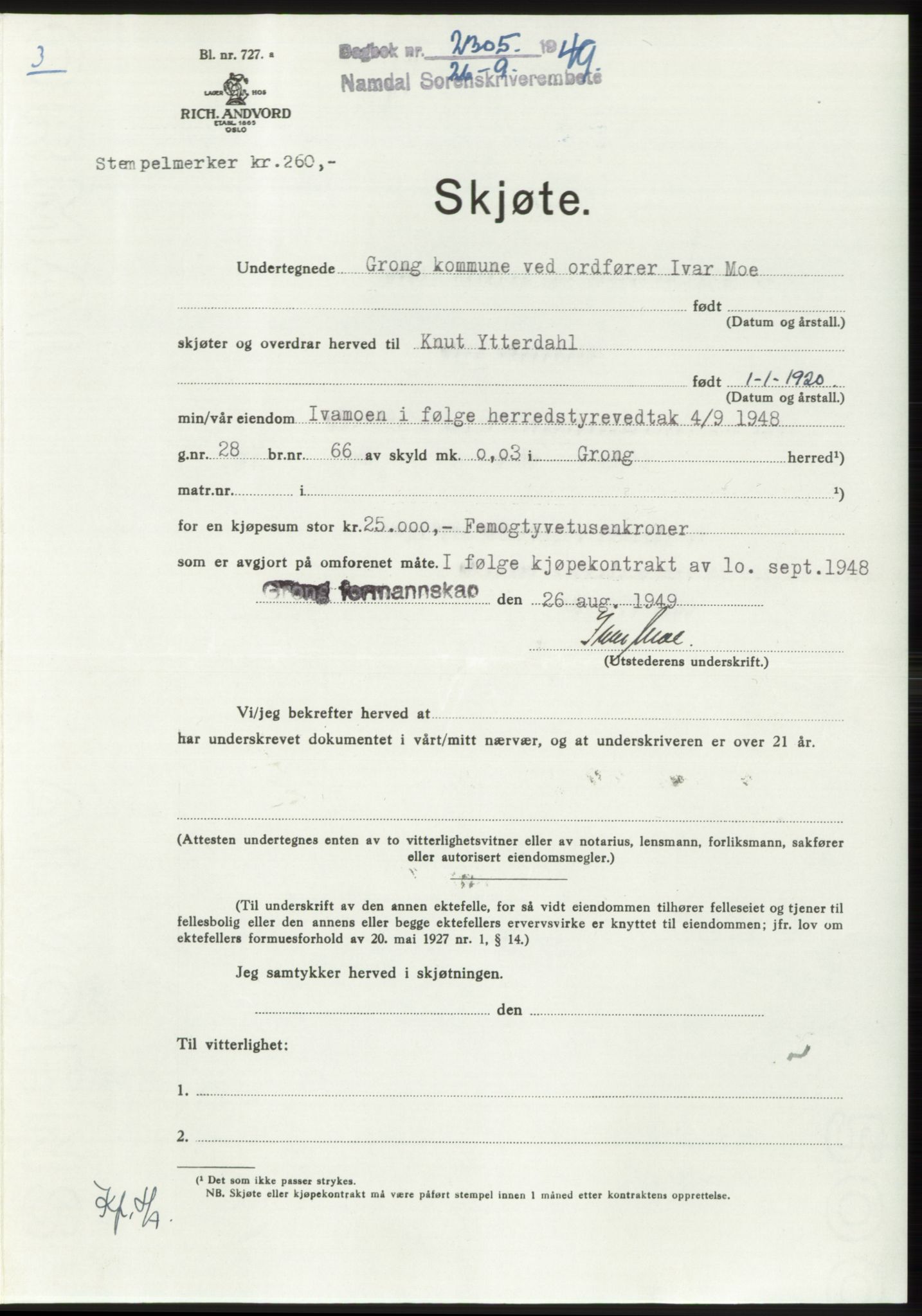 Namdal sorenskriveri, SAT/A-4133/1/2/2C: Pantebok nr. -, 1949-1949, Dagboknr: 2305/1949