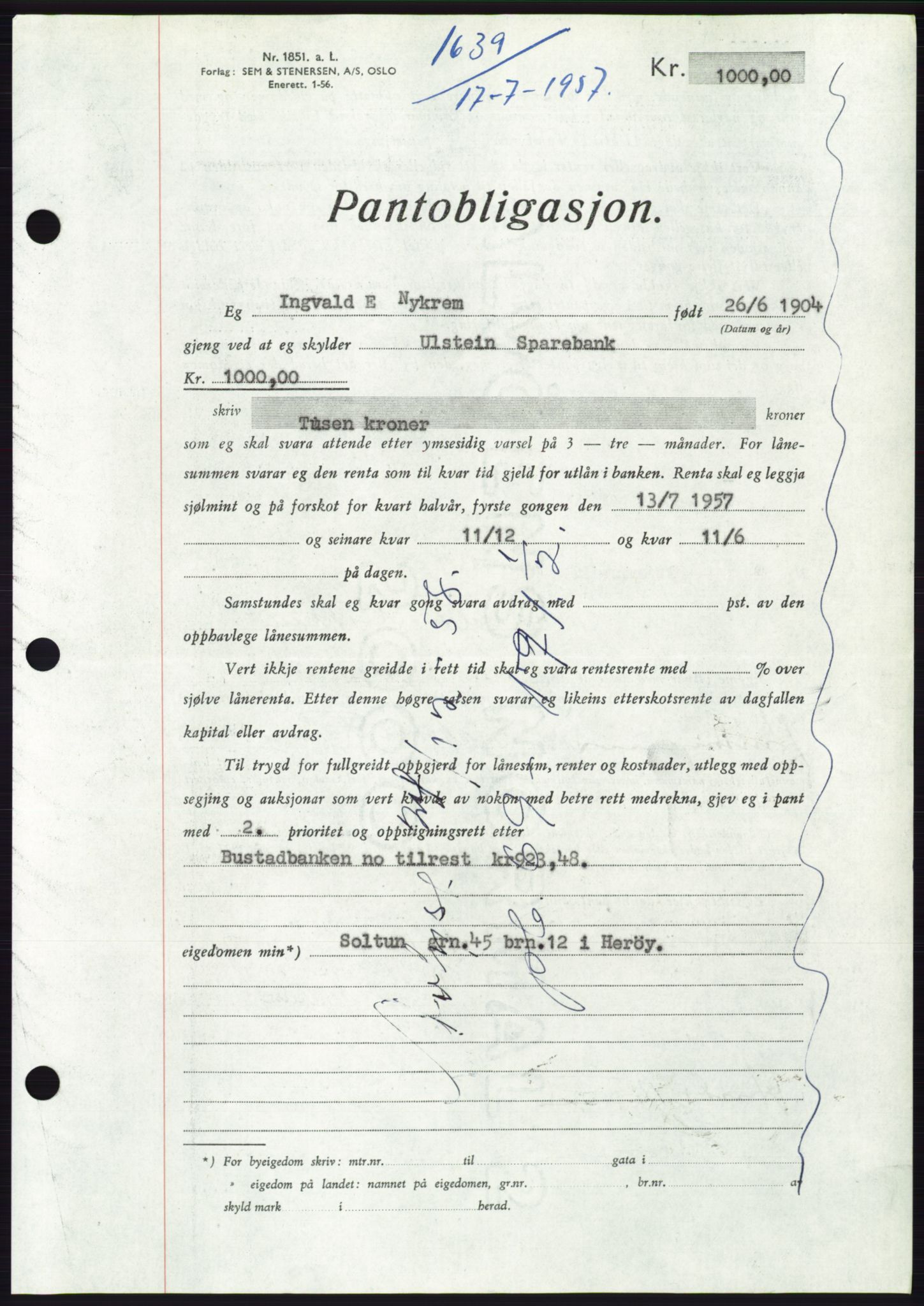 Søre Sunnmøre sorenskriveri, AV/SAT-A-4122/1/2/2C/L0130: Pantebok nr. 18B, 1957-1958, Dagboknr: 1639/1957