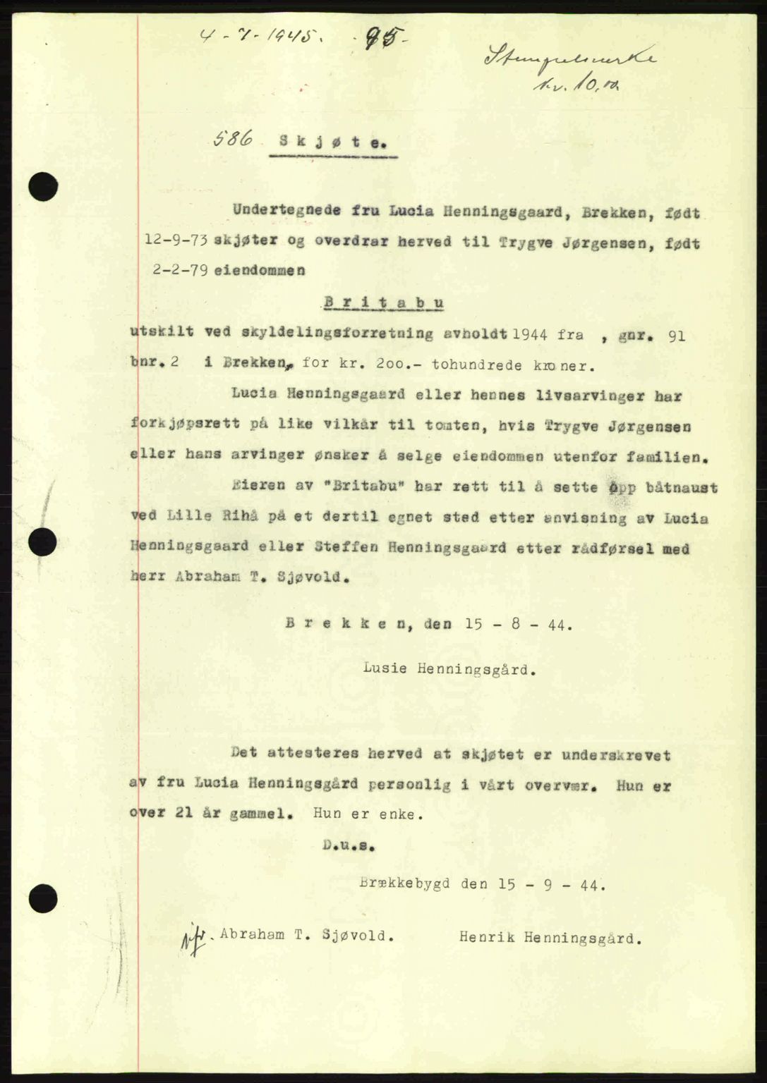 Gauldal sorenskriveri, SAT/A-0014/1/2/2C: Pantebok nr. A1a, 1945-1945, Dagboknr: 586/1945