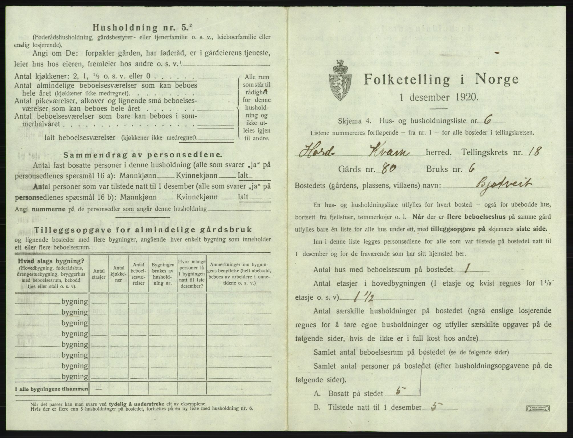 SAB, Folketelling 1920 for 1238 Kvam herred, 1920, s. 1415