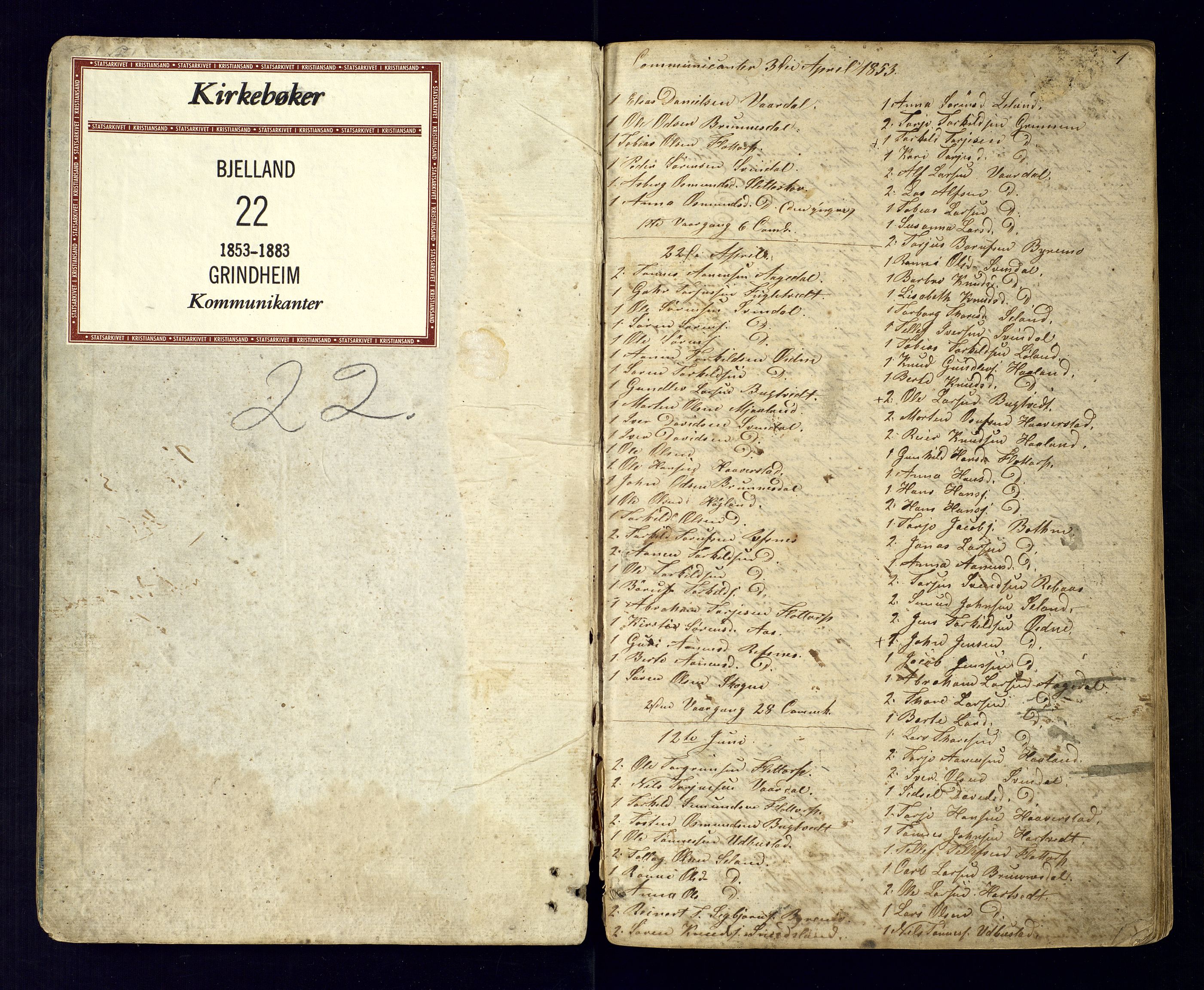 Bjelland sokneprestkontor, AV/SAK-1111-0005/F/Fc/Fcc/L0003: Kommunikantprotokoll nr. C-3, 1853-1883, s. 1