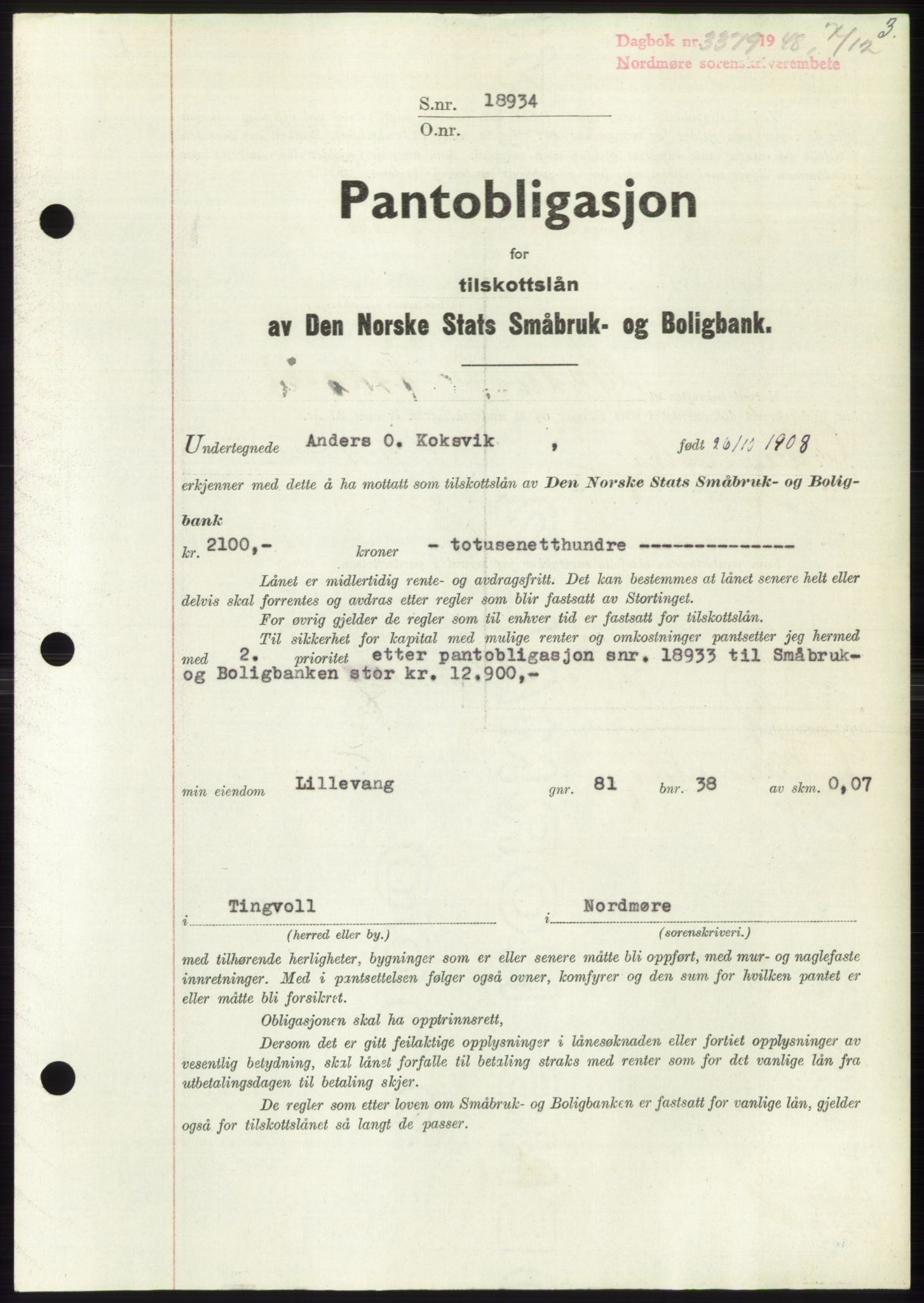 Nordmøre sorenskriveri, SAT/A-4132/1/2/2Ca: Pantebok nr. B100, 1948-1949, Dagboknr: 3379/1948