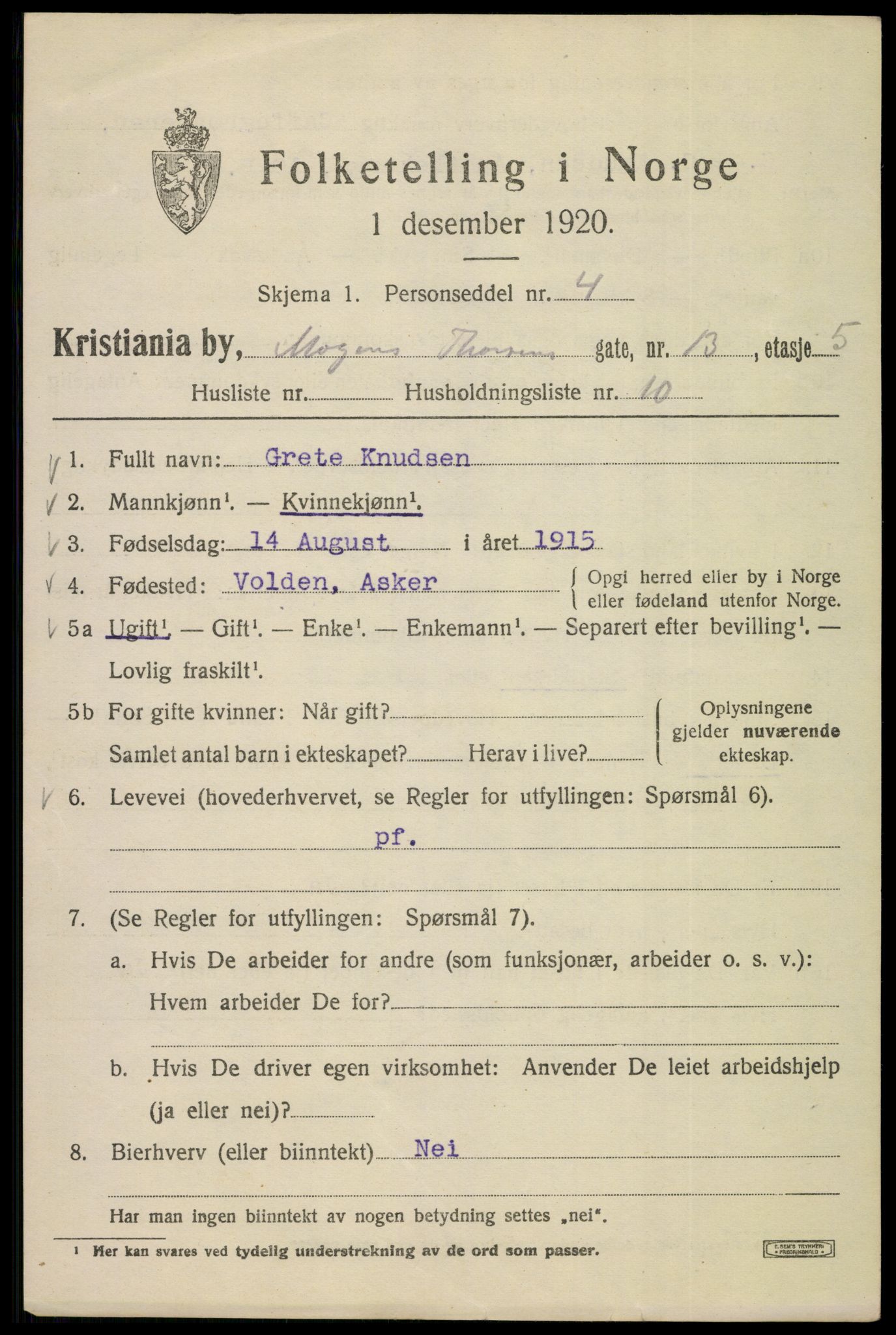 SAO, Folketelling 1920 for 0301 Kristiania kjøpstad, 1920, s. 396523