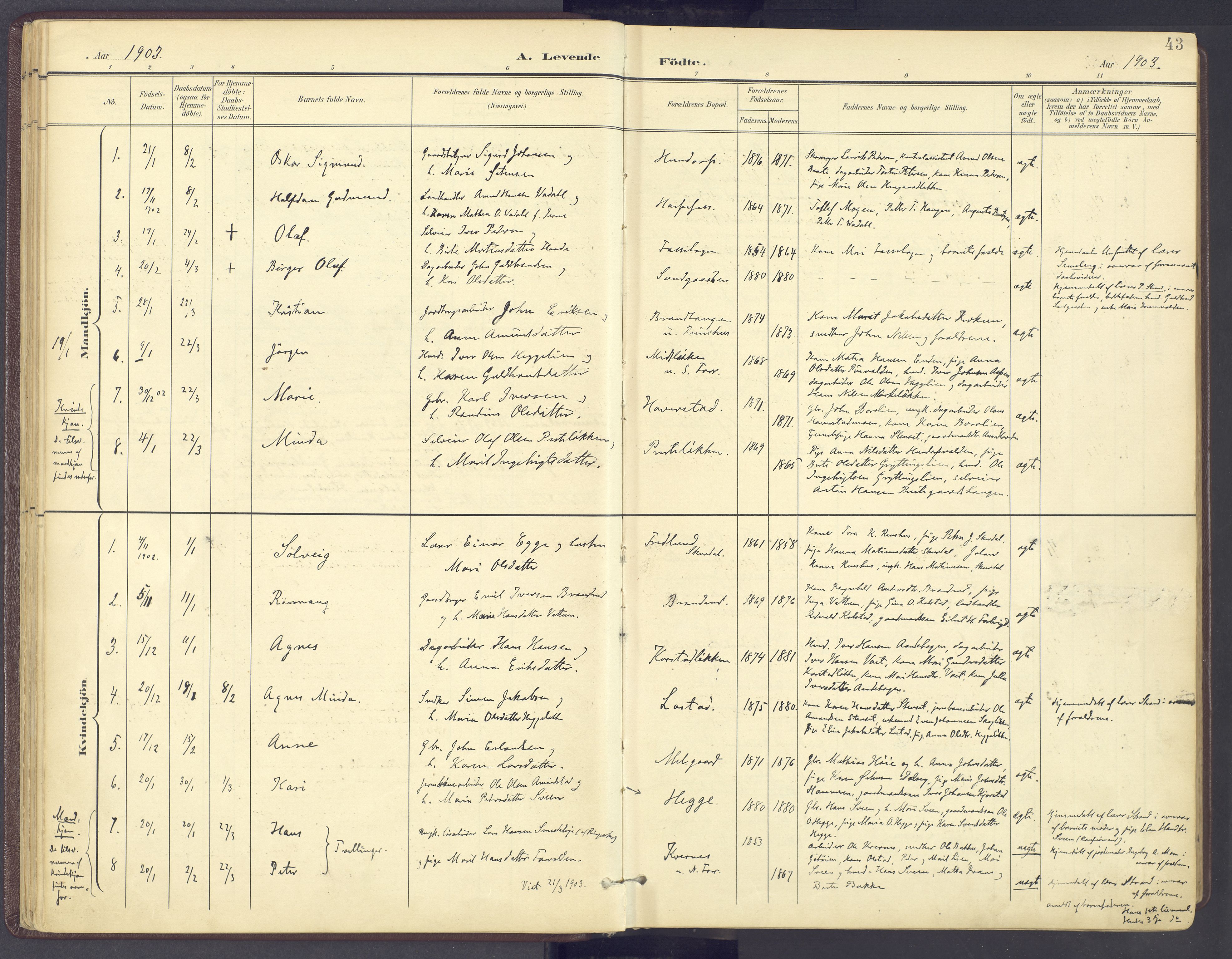 Sør-Fron prestekontor, AV/SAH-PREST-010/H/Ha/Haa/L0004: Ministerialbok nr. 4, 1898-1919, s. 43