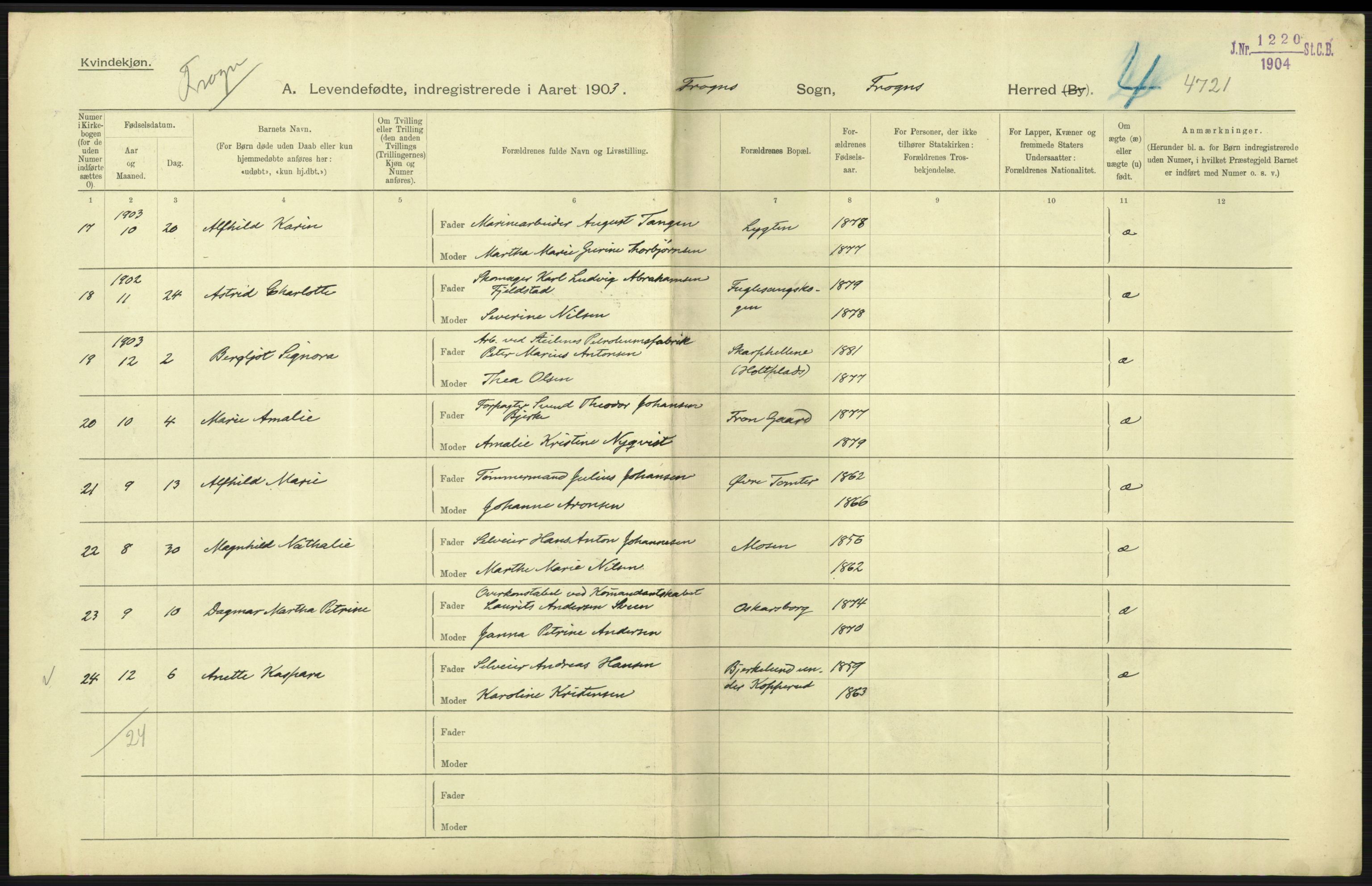 Statistisk sentralbyrå, Sosiodemografiske emner, Befolkning, RA/S-2228/D/Df/Dfa/Dfaa/L0002: Akershus amt: Fødte, gifte, døde, 1903, s. 39