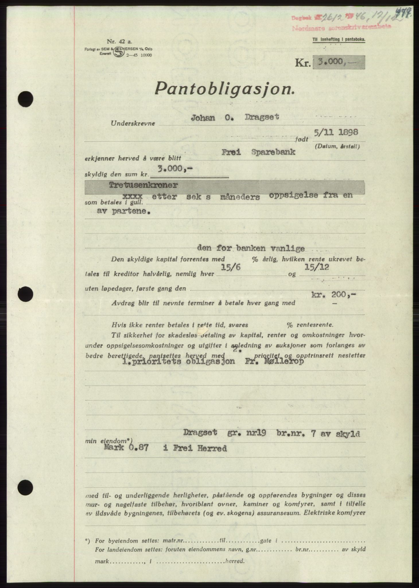 Nordmøre sorenskriveri, SAT/A-4132/1/2/2Ca: Pantebok nr. B95, 1946-1947, Dagboknr: 2612/1946
