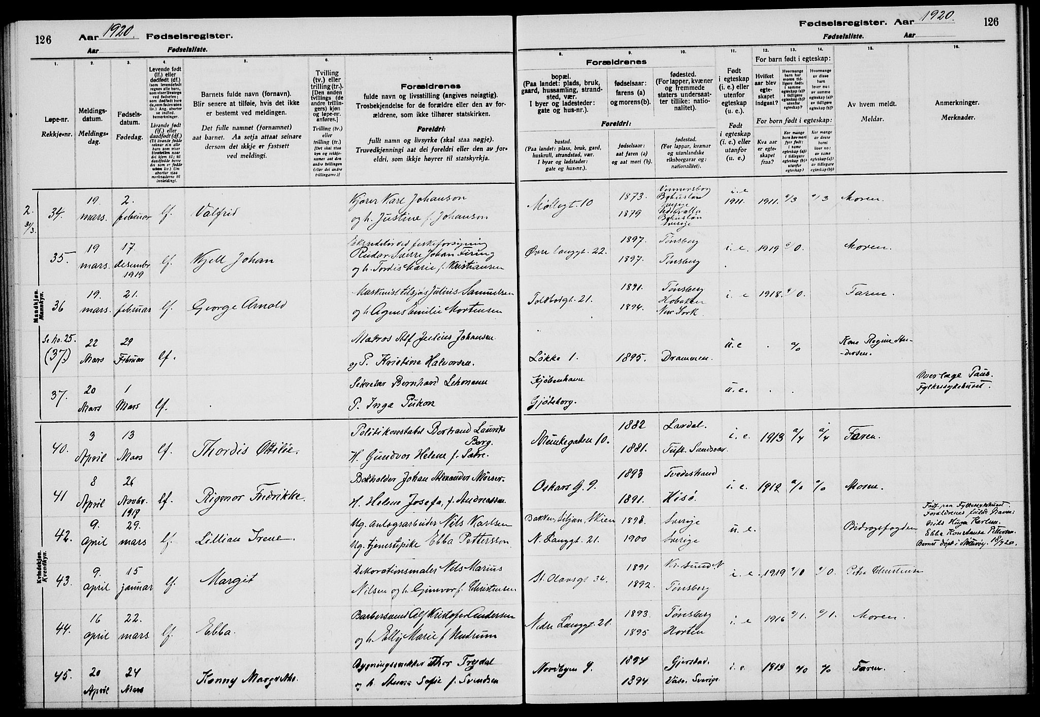 Tønsberg kirkebøker, AV/SAKO-A-330/J/Ja/L0001: Fødselsregister nr. 1, 1916-1922, s. 126