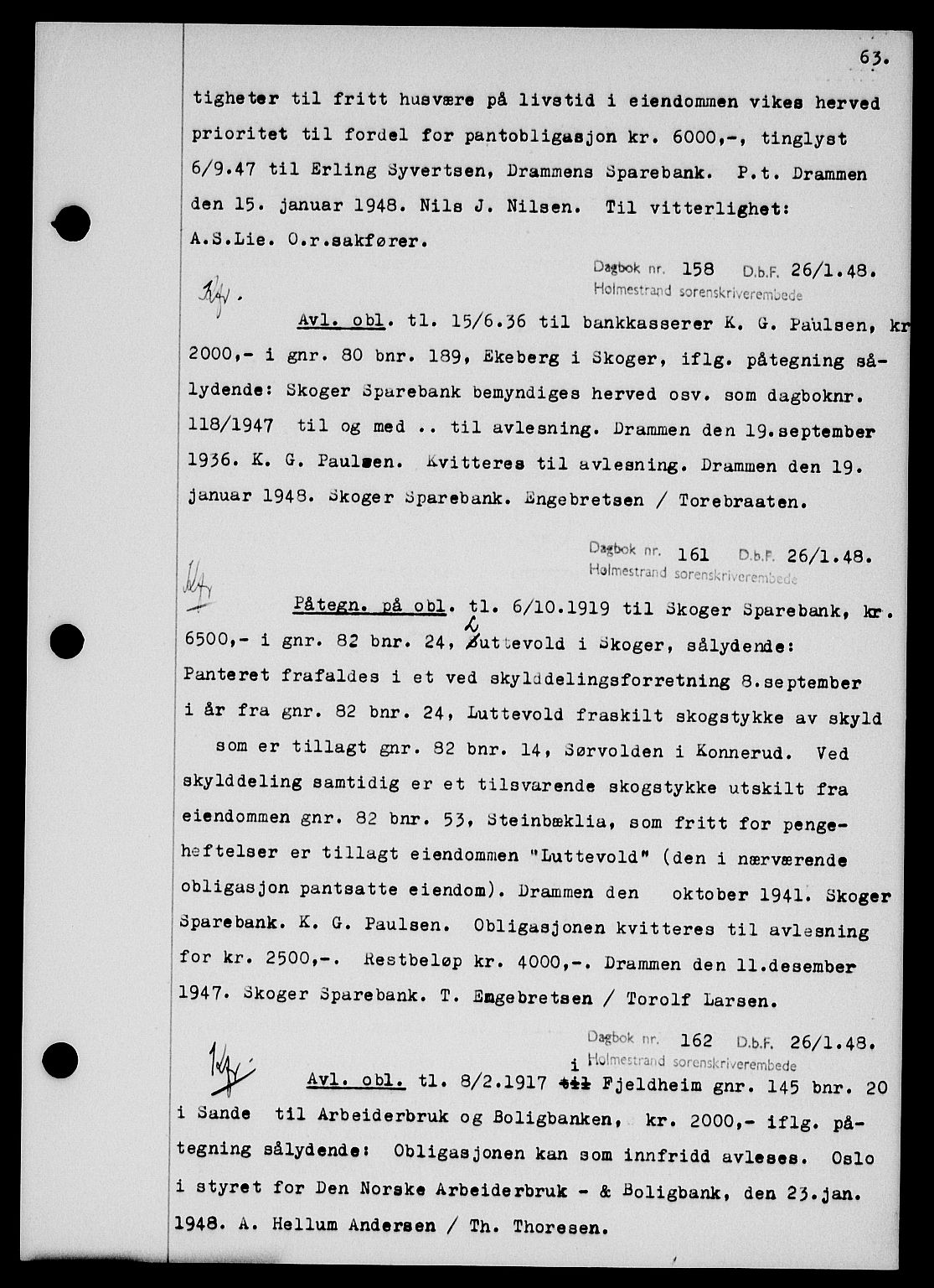 Holmestrand sorenskriveri, SAKO/A-67/G/Ga/Gab/L0058: Pantebok nr. B-58, 1947-1948, s. 63, Dagboknr: 158/1948